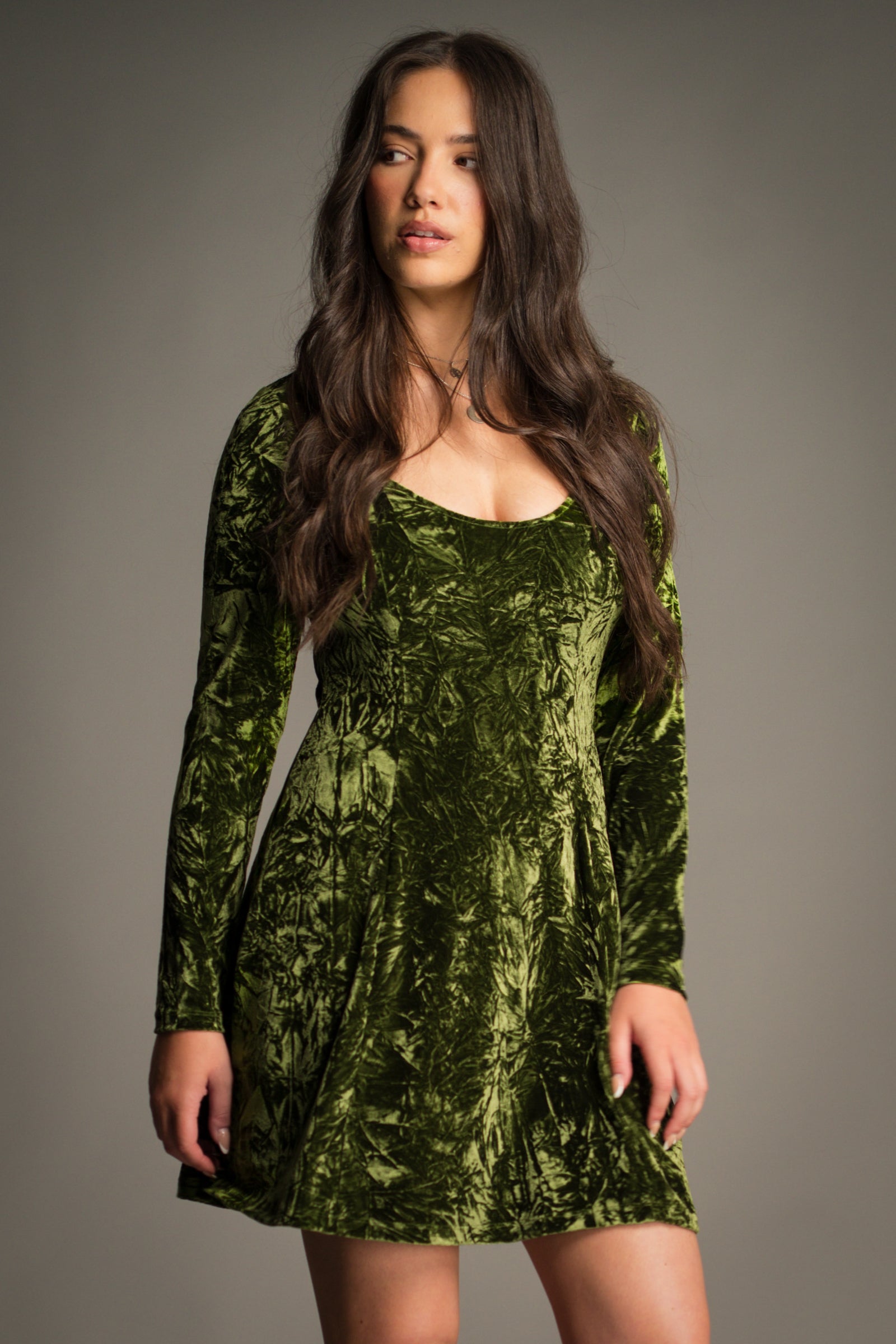 Close-up front view of the Sweet Jane Olive Crushed Mini Dress showing scoop neckline and velvet texture.