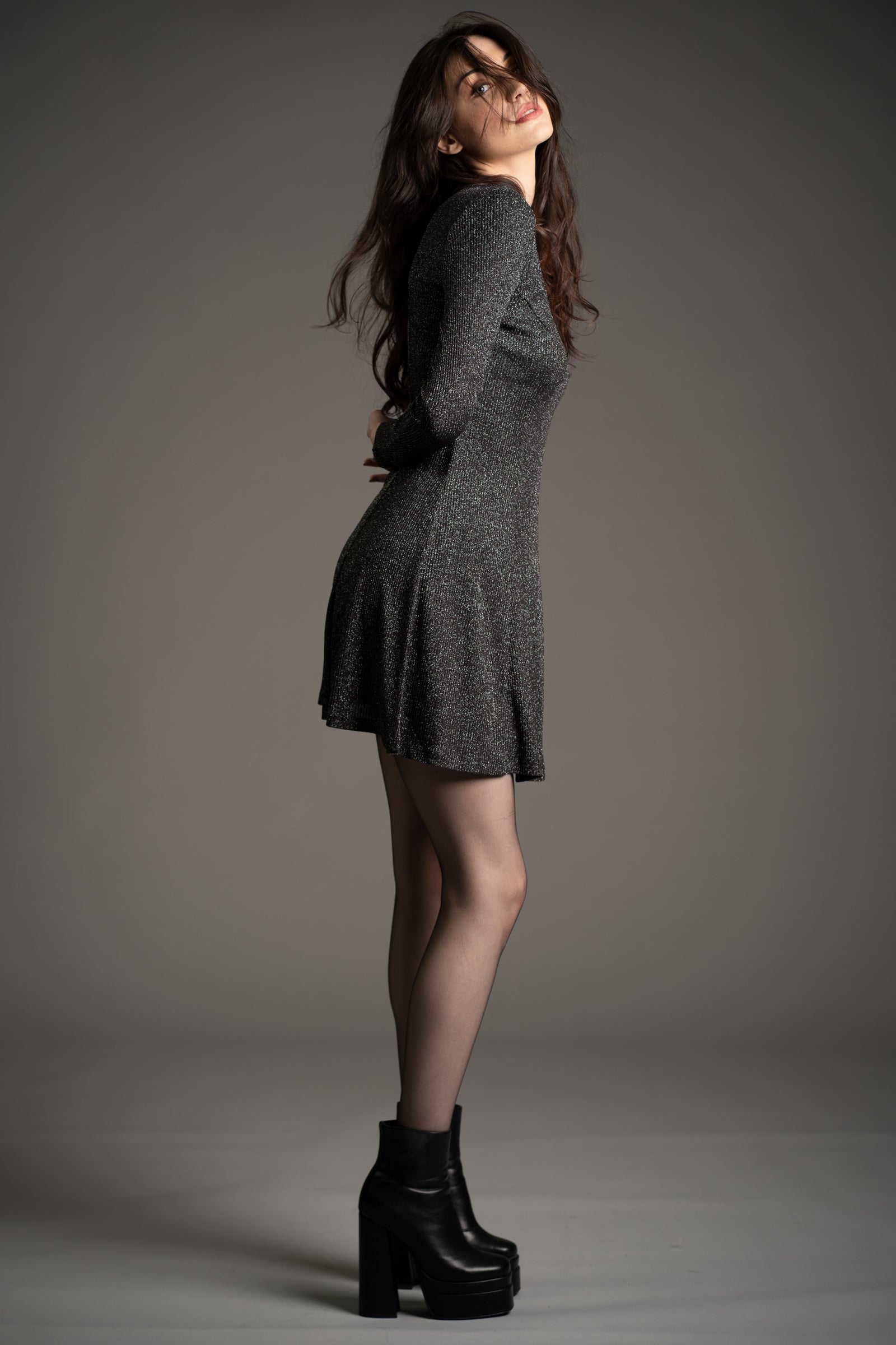 Sweet Jane Gunmetal Shimmer Mini Dress