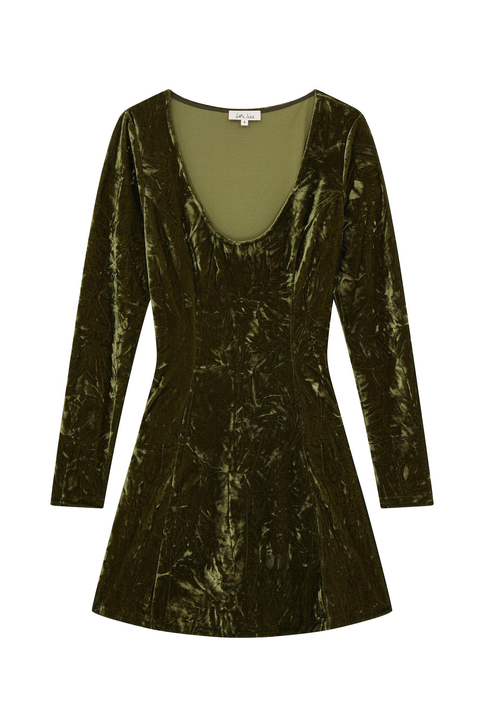 'The Green Dress' - Sweet Jane olive crushed velvet mini dress As worn by Taylor Swift, with long sleeves and a scoop neckline.