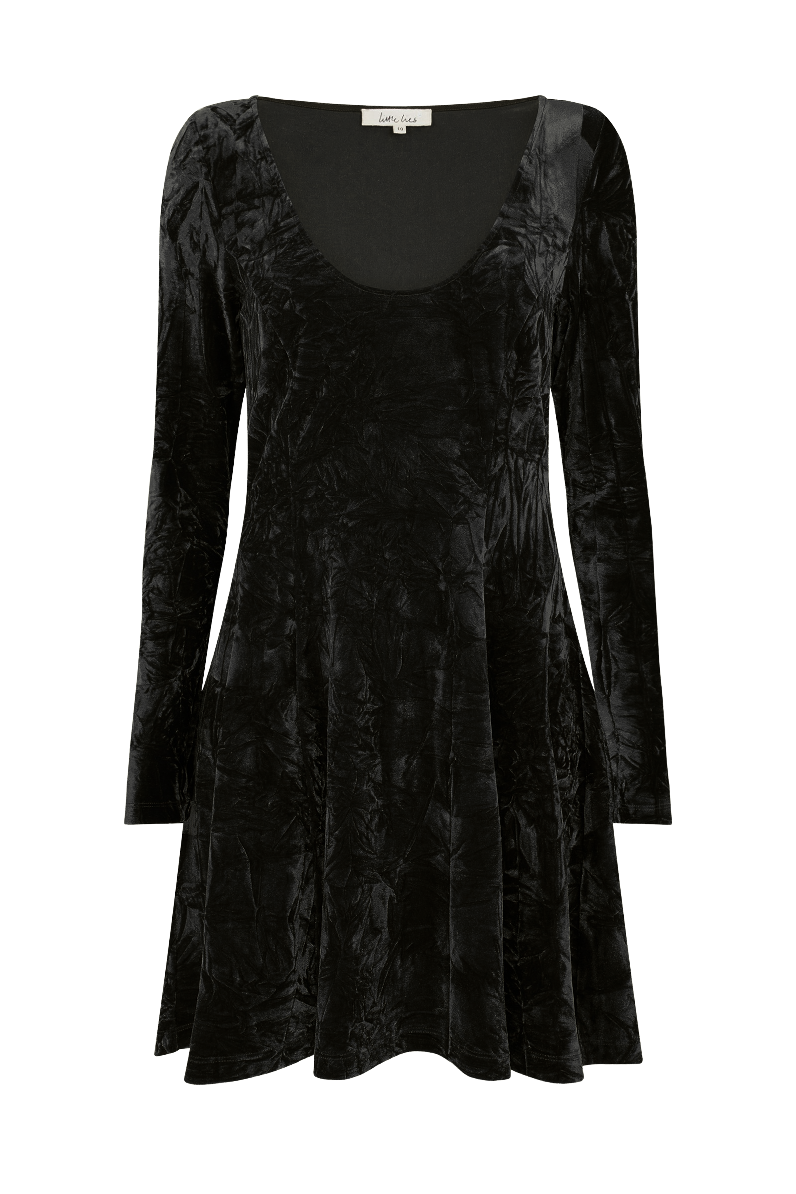 Ghost image detail highlighting the scoop neckline, long sleeves, and crushed velvet texture of the Little Lies Sweet Jane Black Mini Dress.
 