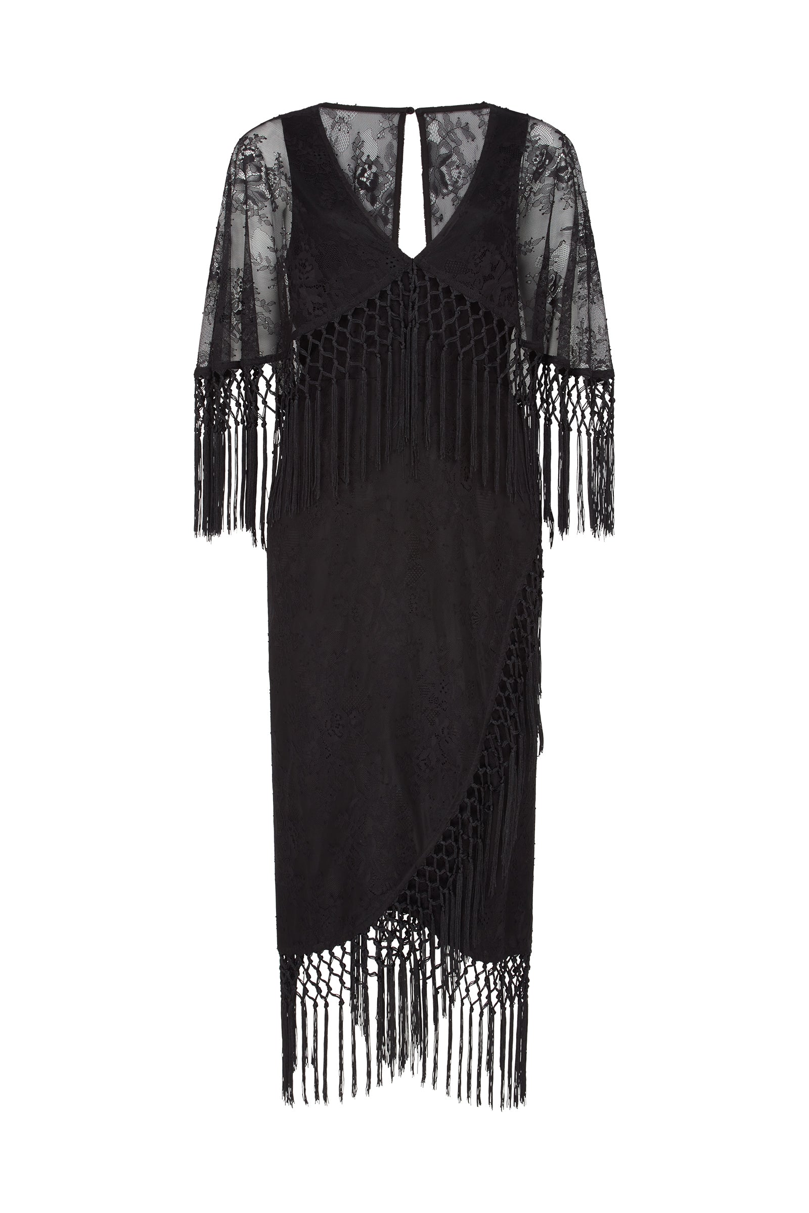 Tango in the Night Lace Midi Dress with black lace, fringe accents, V-neckline, and fitted silhouette