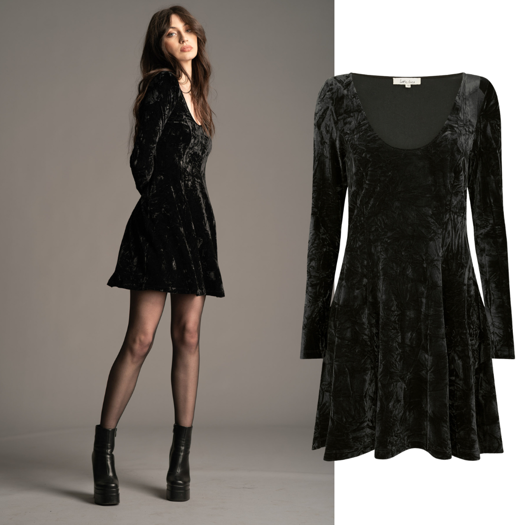 Andie wearing the Sweet Jane black crushed‑velvet long‑sleeve mini dress with scoop neckline styled with sheer tights and platform boots, opposite a flat lay product shot showing long sleeves and flared hem.