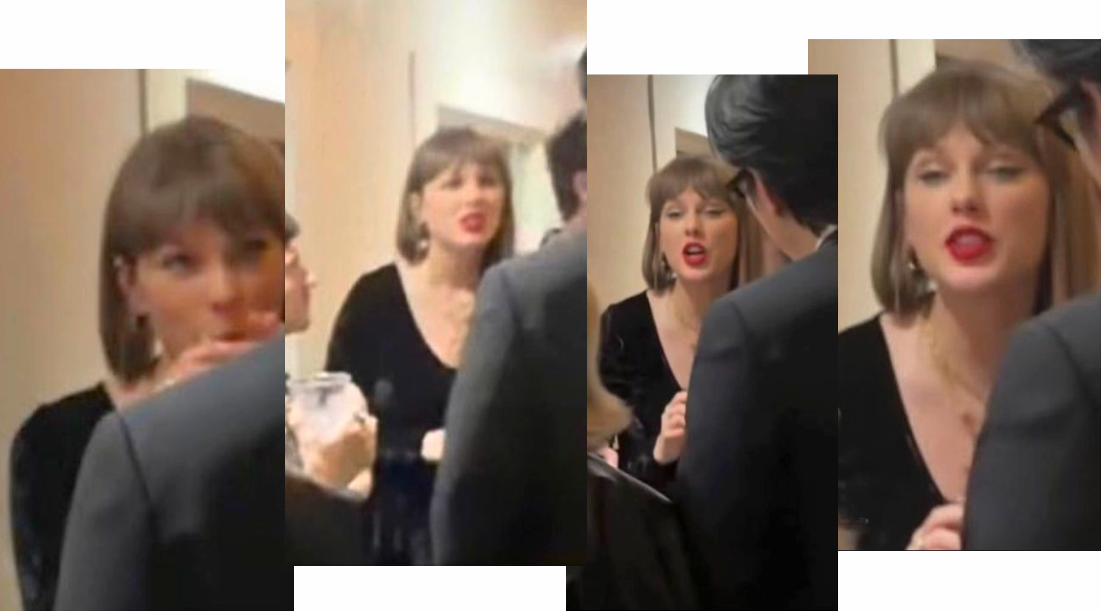 Collage showing Taylor Swift in Little Lies Sweet Jane black crushed‑velvet mini dress styled at a formal after‑party setting.