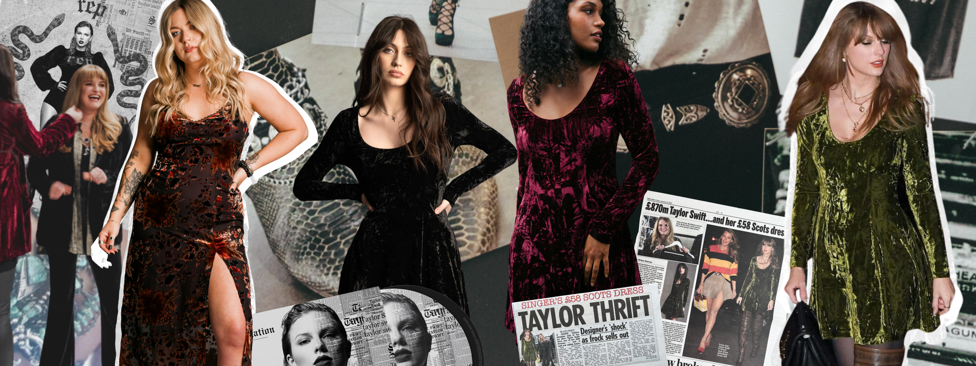 Editorial collage showcasing Little Lies velvet dresses worn by icon Taylor Swift, including Sweet Jane styles and the Rooms On Fire Slip, inspired by iconic vintage outfits.