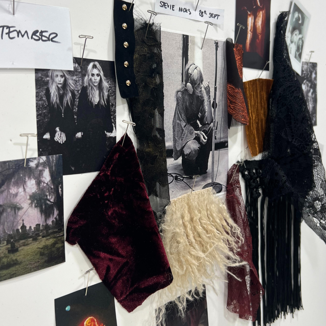 Fashion mood board with velvet, lace, and metallic fabric swatches alongside vintage photography and Stevie Nicks styling notes