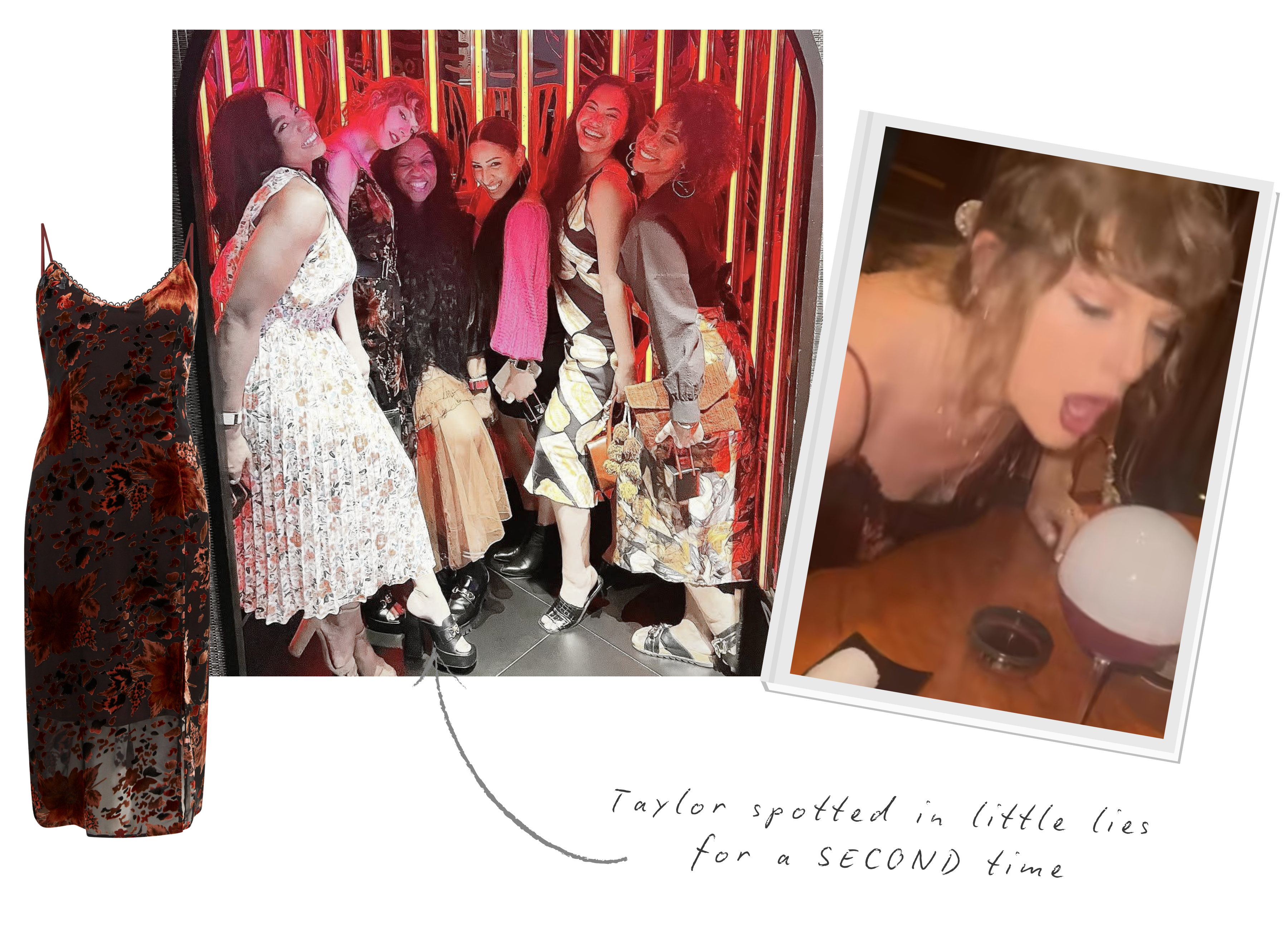 Group of people dressed in mixed patterned and textured outfits standing together in front of a neon‑lit backdrop, with Taylor Swift wearing the Little Lies Rooms On Fire slip dress.
