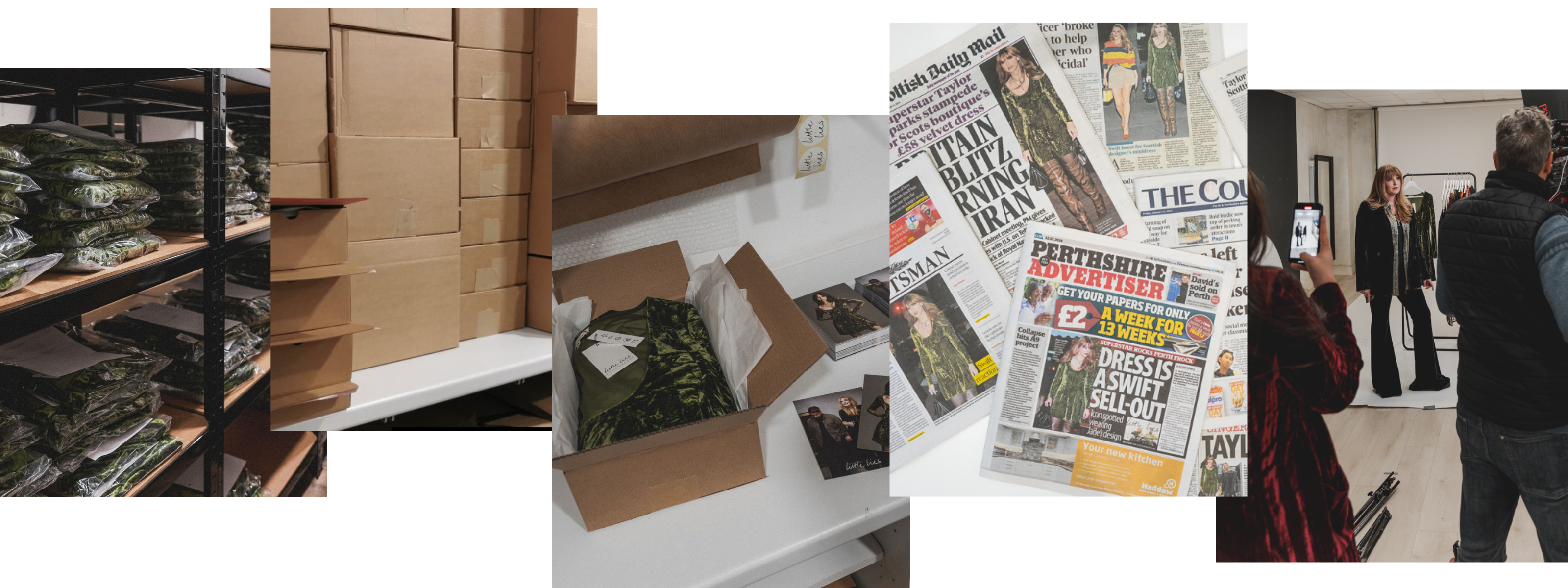 Images of shelves and boxes stacked with packaged Sweet Jane olive crushed velvet mini dresses in the Little Lies stockroom, UK newspapers featuring headlines about the viral green velvet Little Lies dress sell‑out and Jade being interviewed for TV.