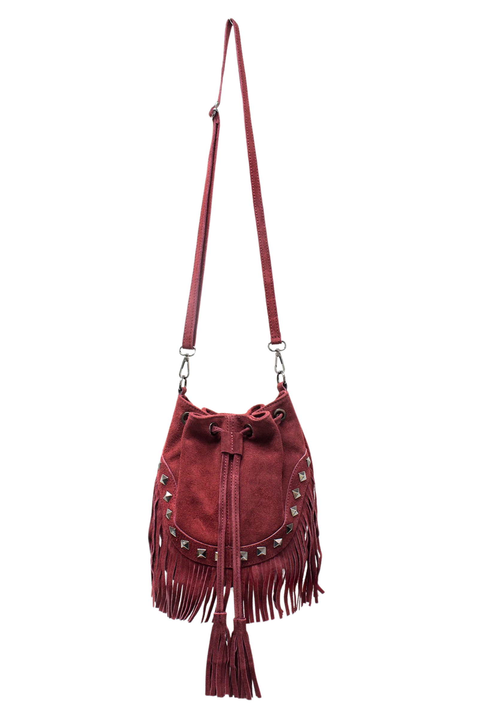 Nevada Oxblood Suede Fringed Bucket Bag