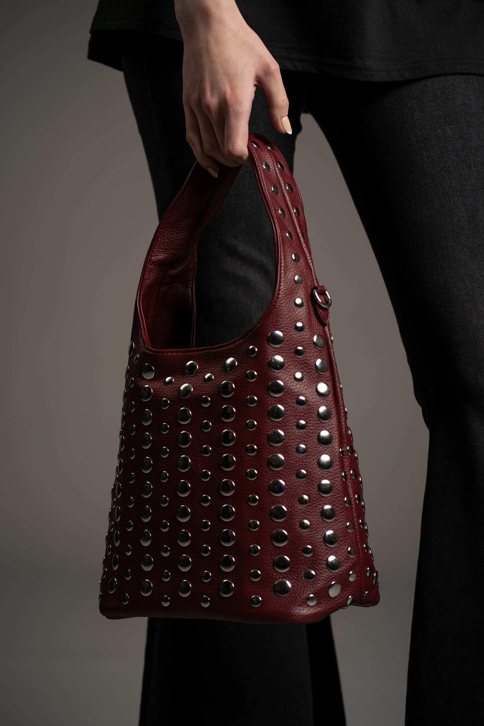 Viva Burgundy Studded Hobo Bag