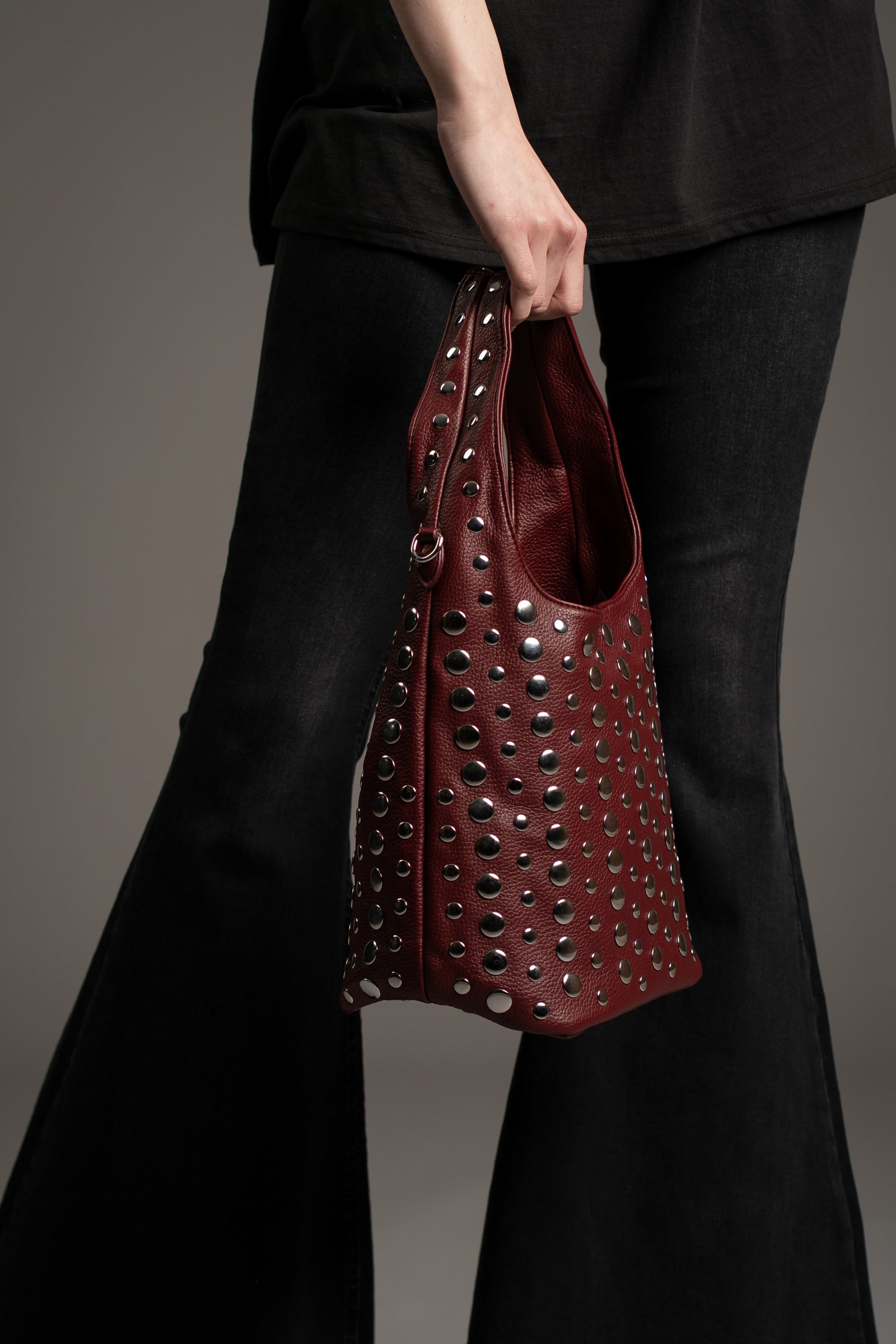 Viva Burgundy Studded Hobo Bag