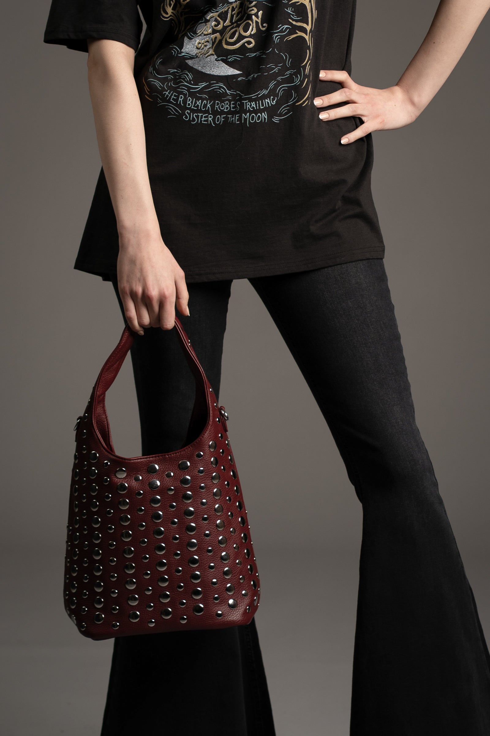 Viva Burgundy Studded Hobo Bag