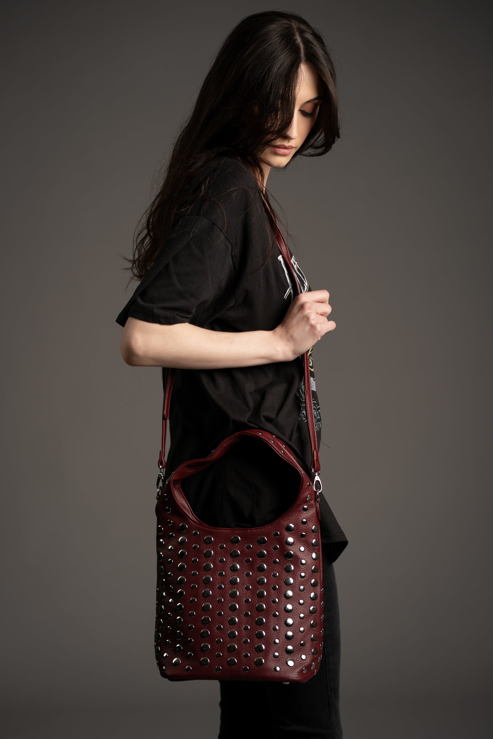 Viva Burgundy Studded Hobo Bag