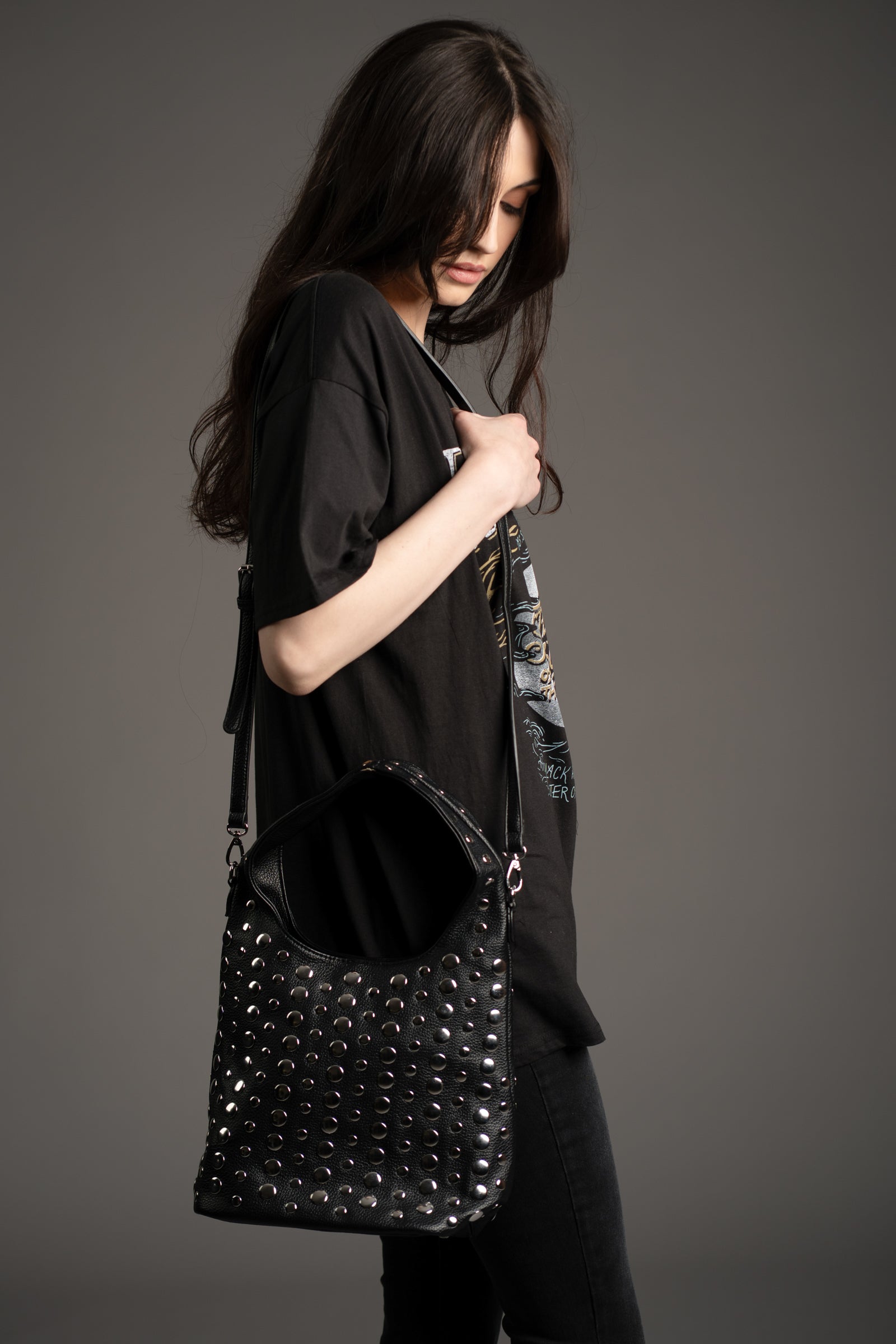 Viva Black Studded Hobo Bag