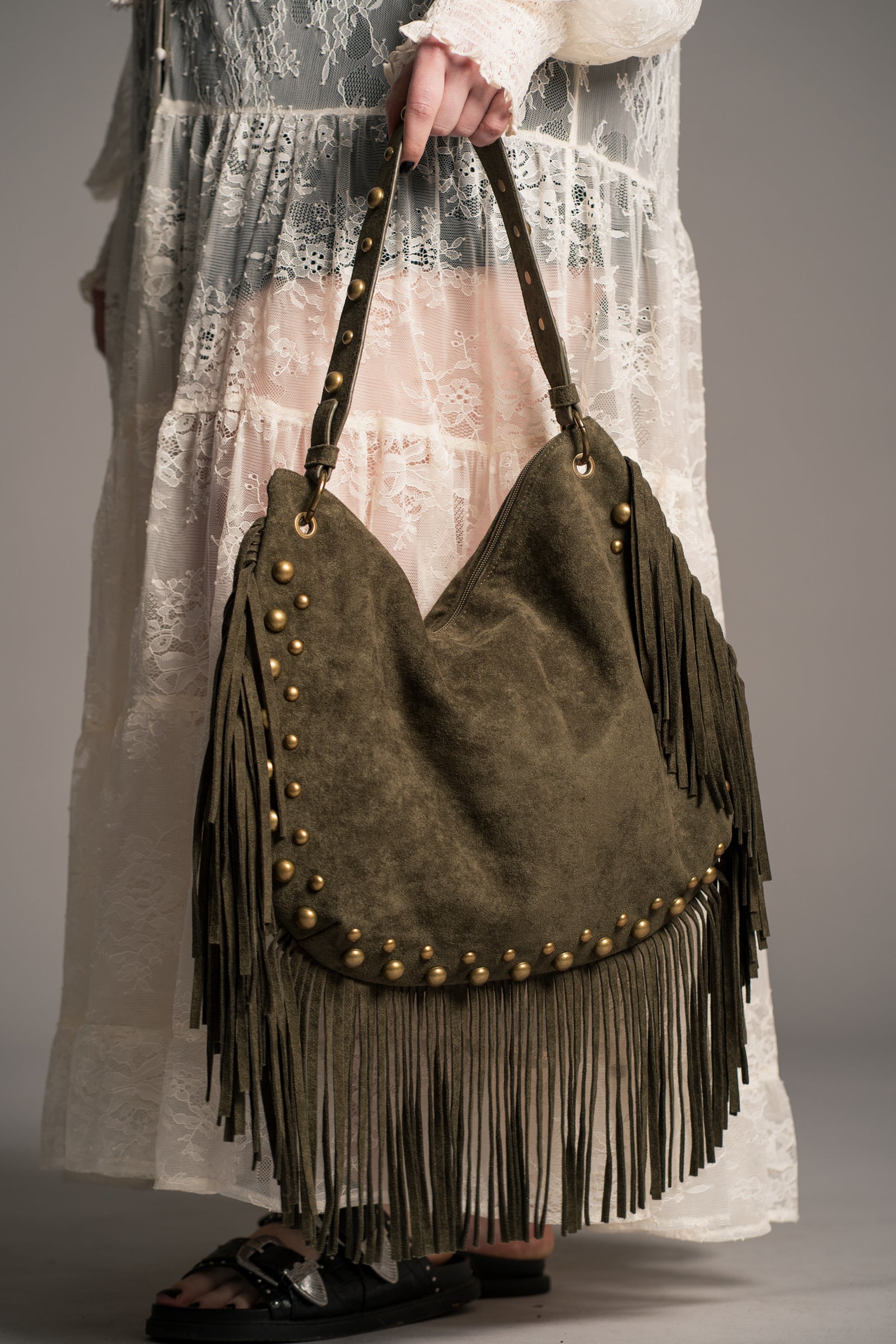 Willow Slouchy Khaki Faux Suede Studded Bag