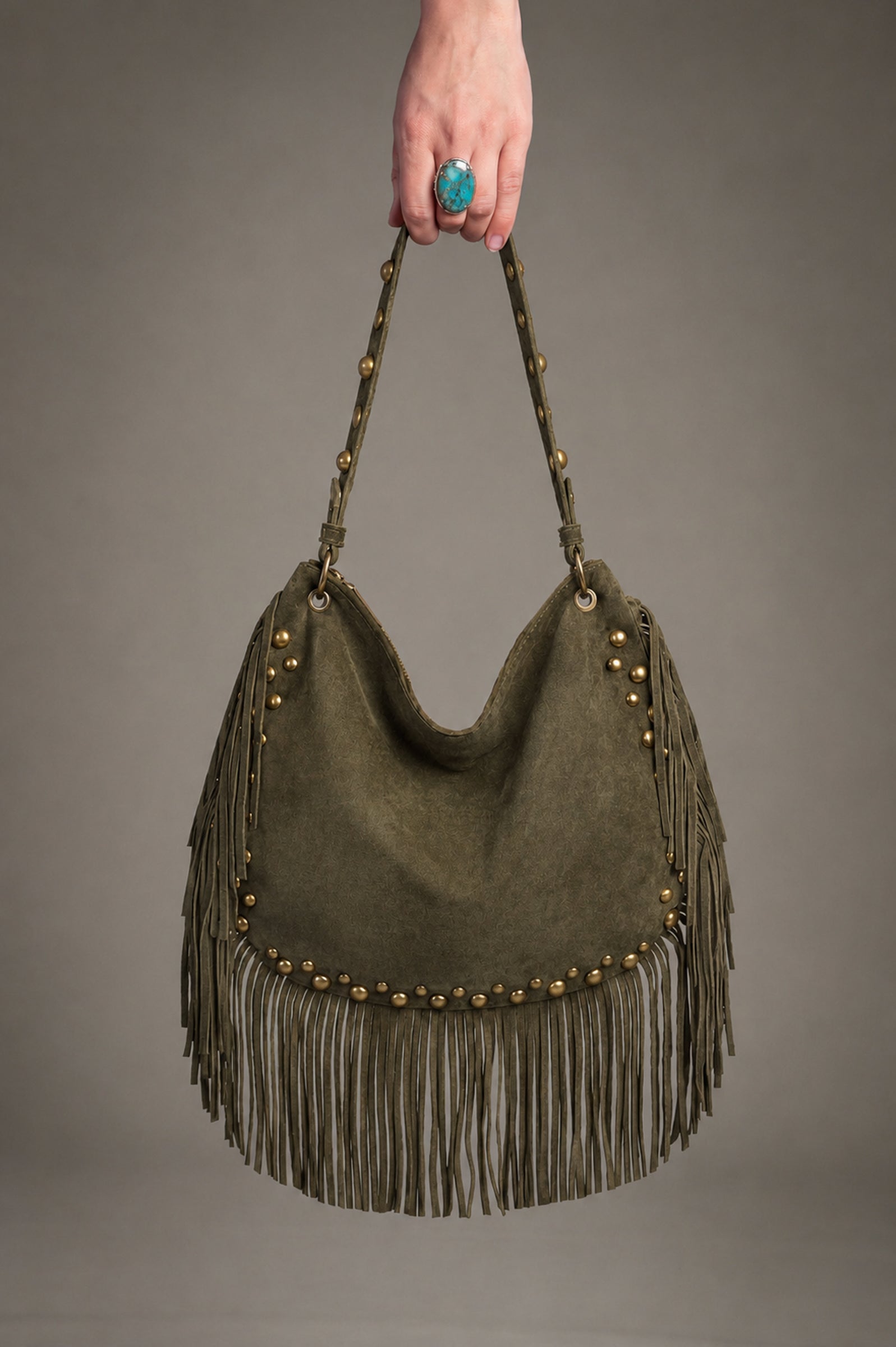 Willow Khaki faux suede studded fringe slouchy bag front view