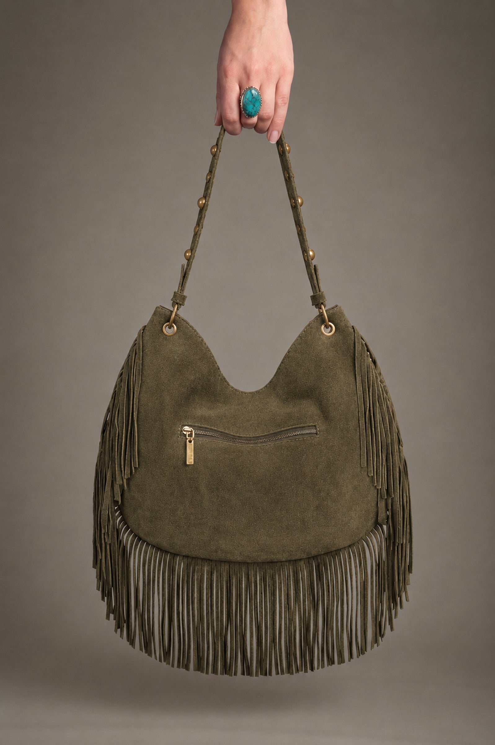 Willow Khaki faux suede studded fringe slouchy bag back view with zip pocket  detail
