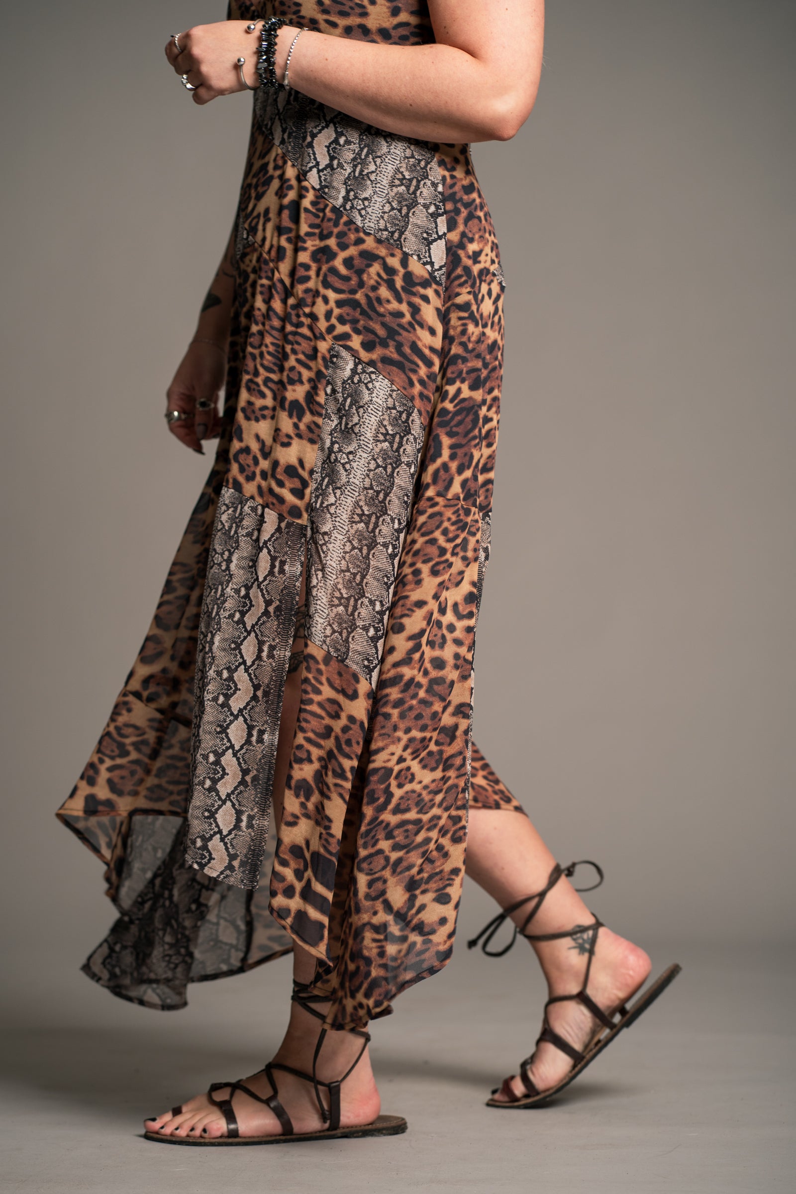 Zadie Animal Handkerchief Dress showing handkerchief hemline and thigh split