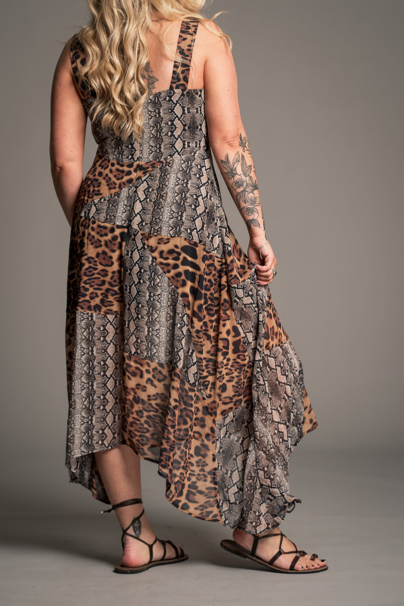 Zadie Animal Patchwork Handkerchief Dress with thigh split detail