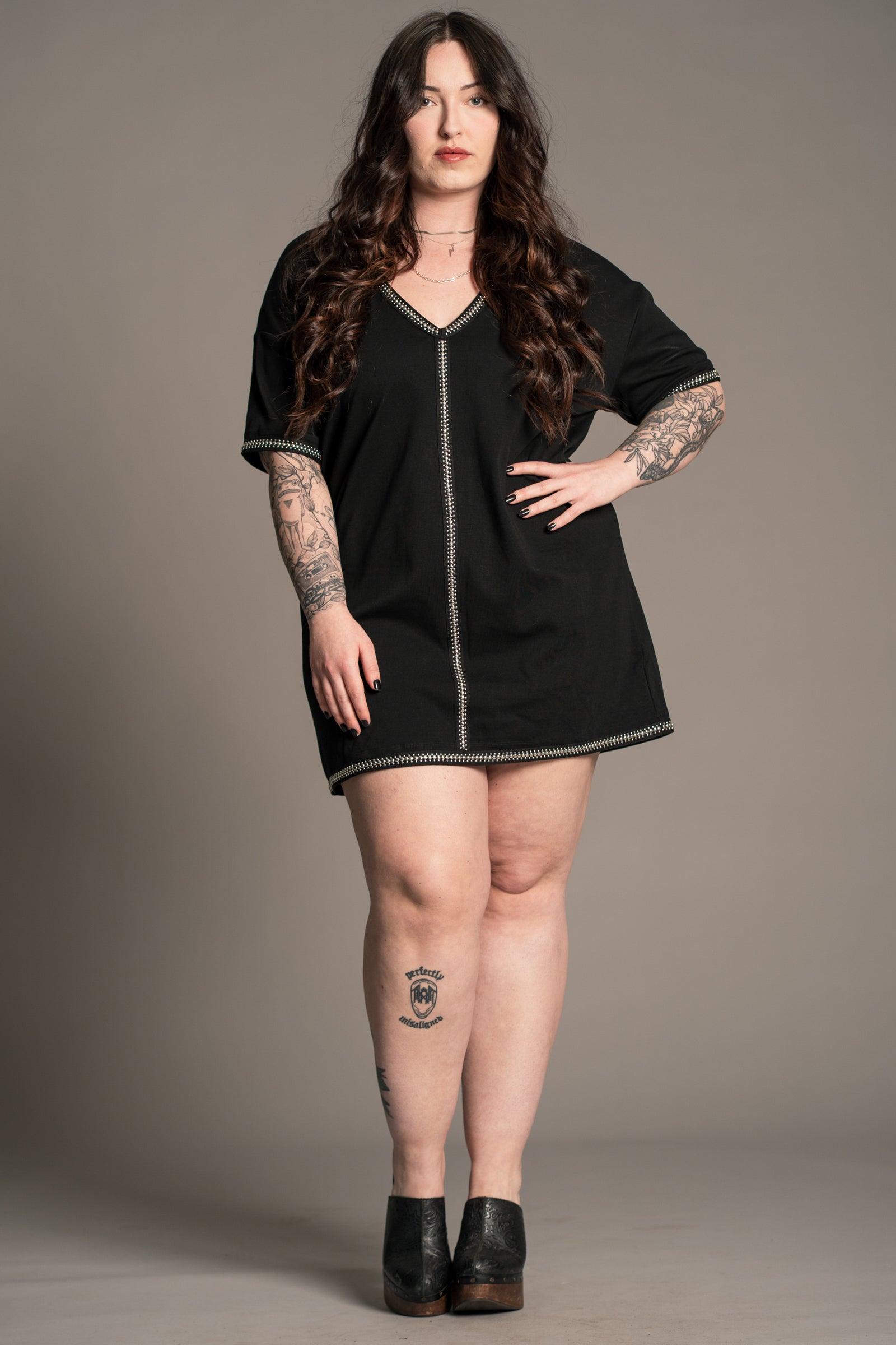 Back view of Little Lies Ziggy Studded T-Shirt Dress showing relaxed fit and stud hem detail