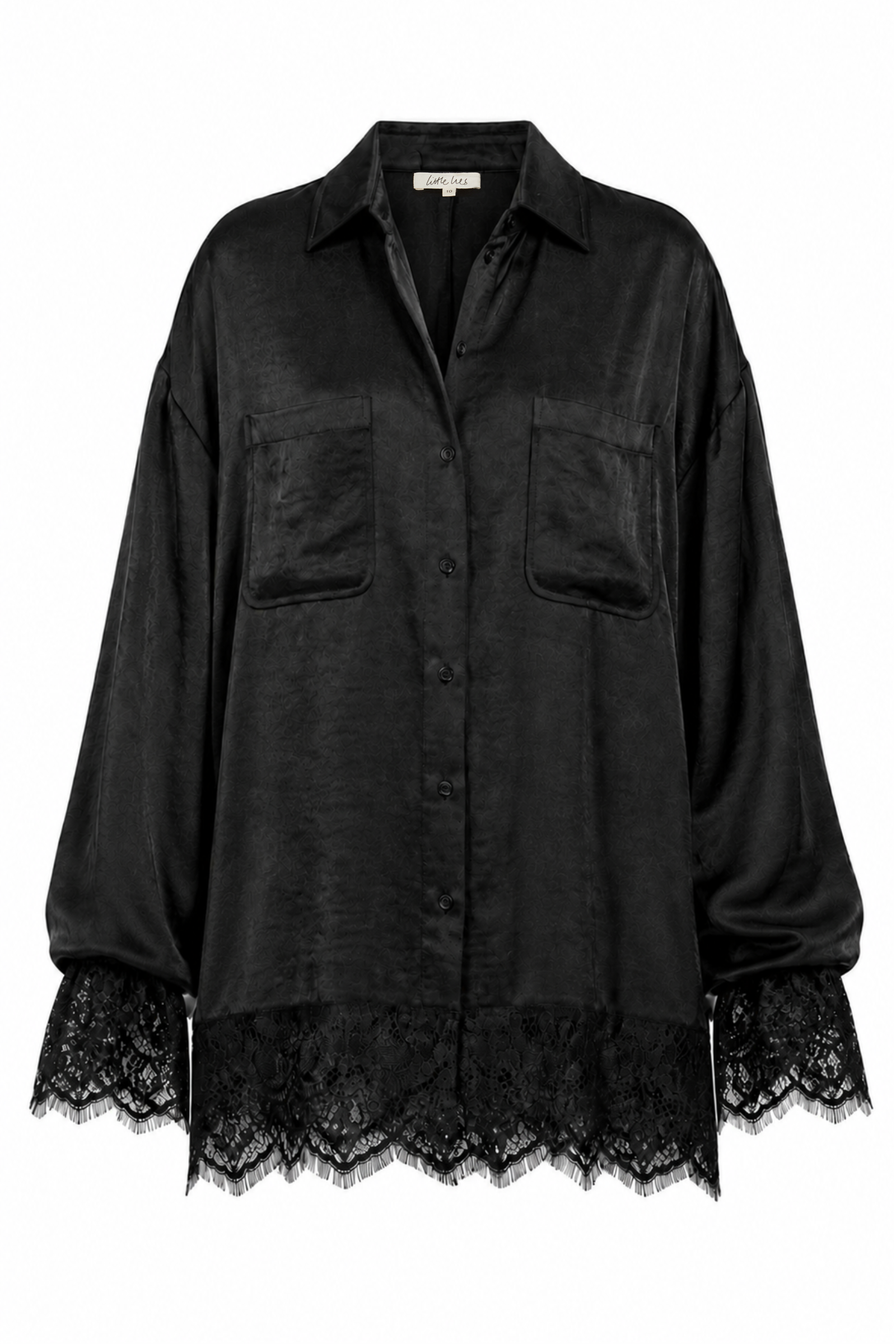 Erin in the Zoë Black Satin Lace Trim Shirt, boho rock style — Little Lies