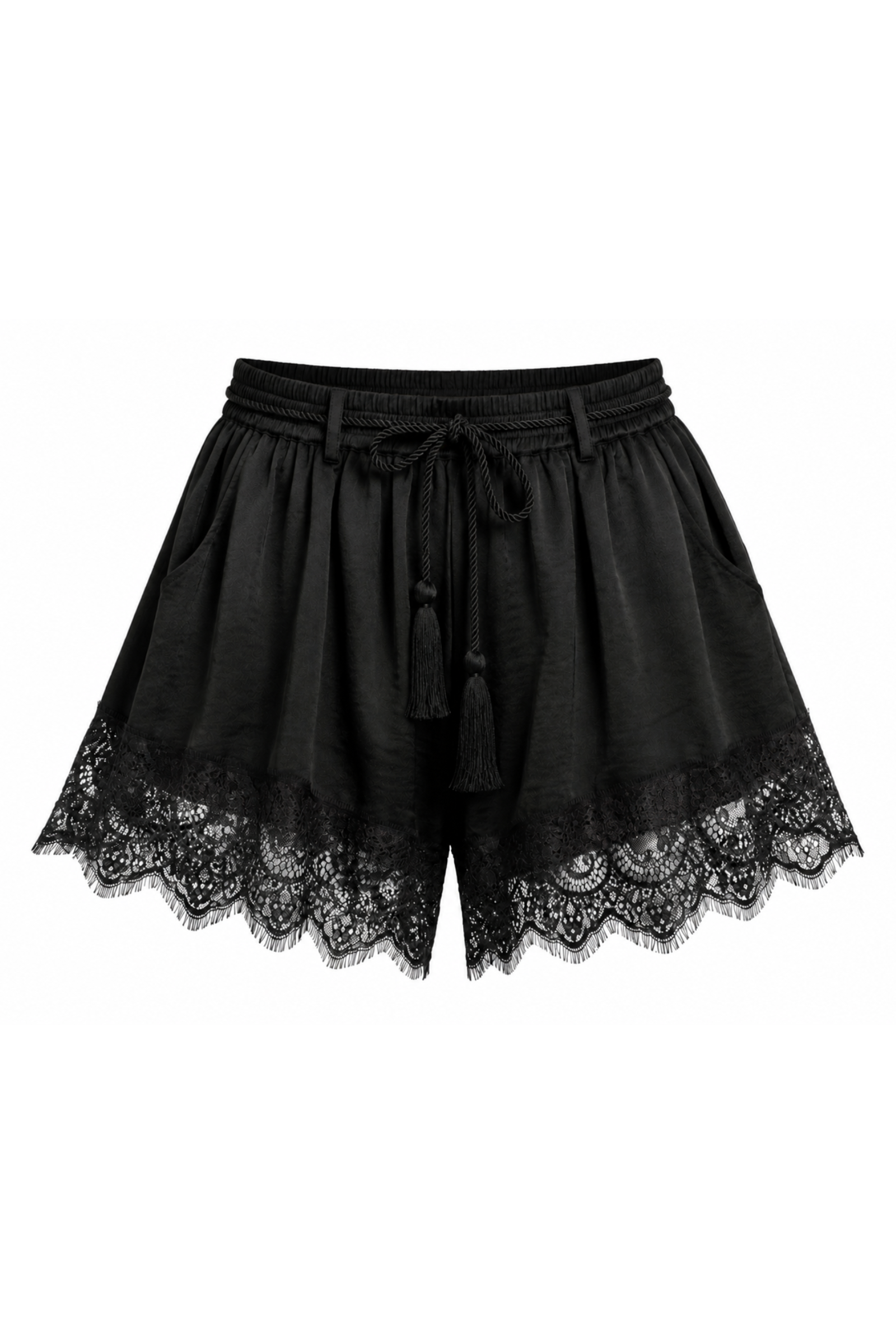 Erin in the Zoë Black Satin Lace Trim Shorts, boho rock style