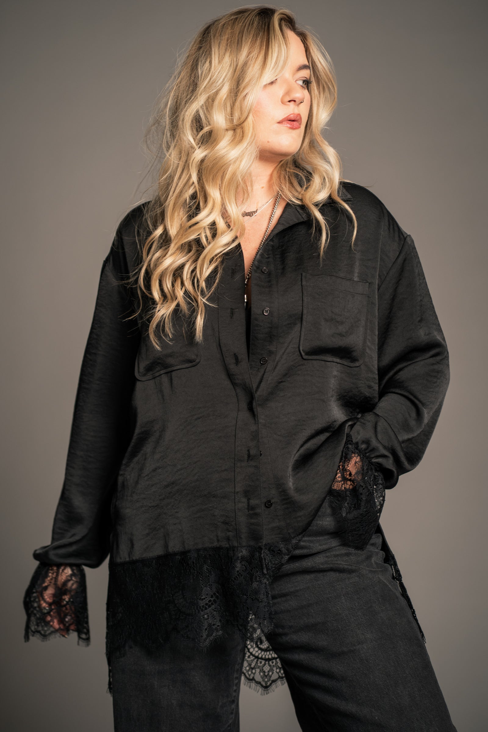 Erin wearing the Zoë Lace Trim Shirt co-ord — Little Lies