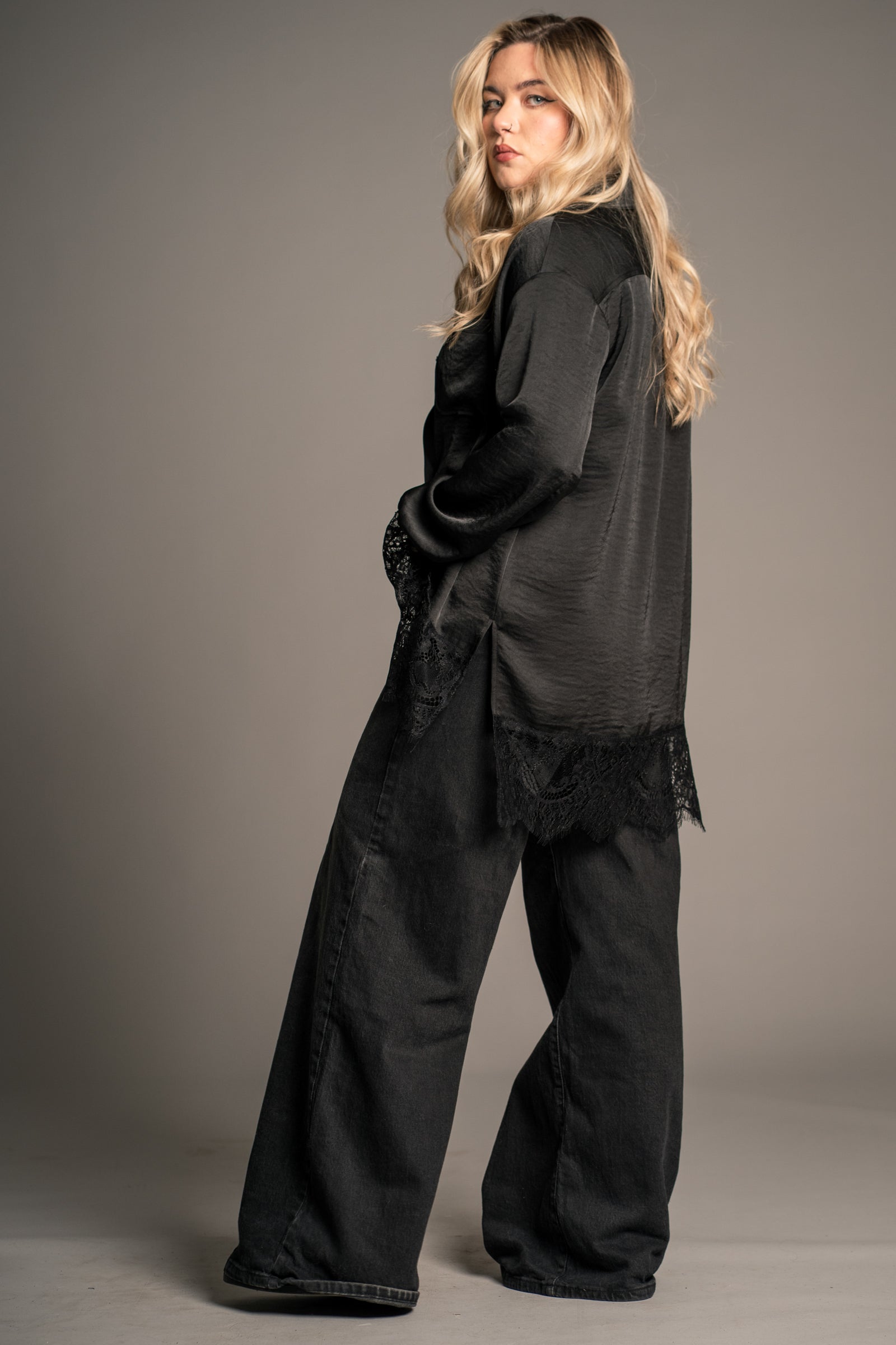 Zoë Black Satin Lace Trim Shirt styled by Erin — Little Lies