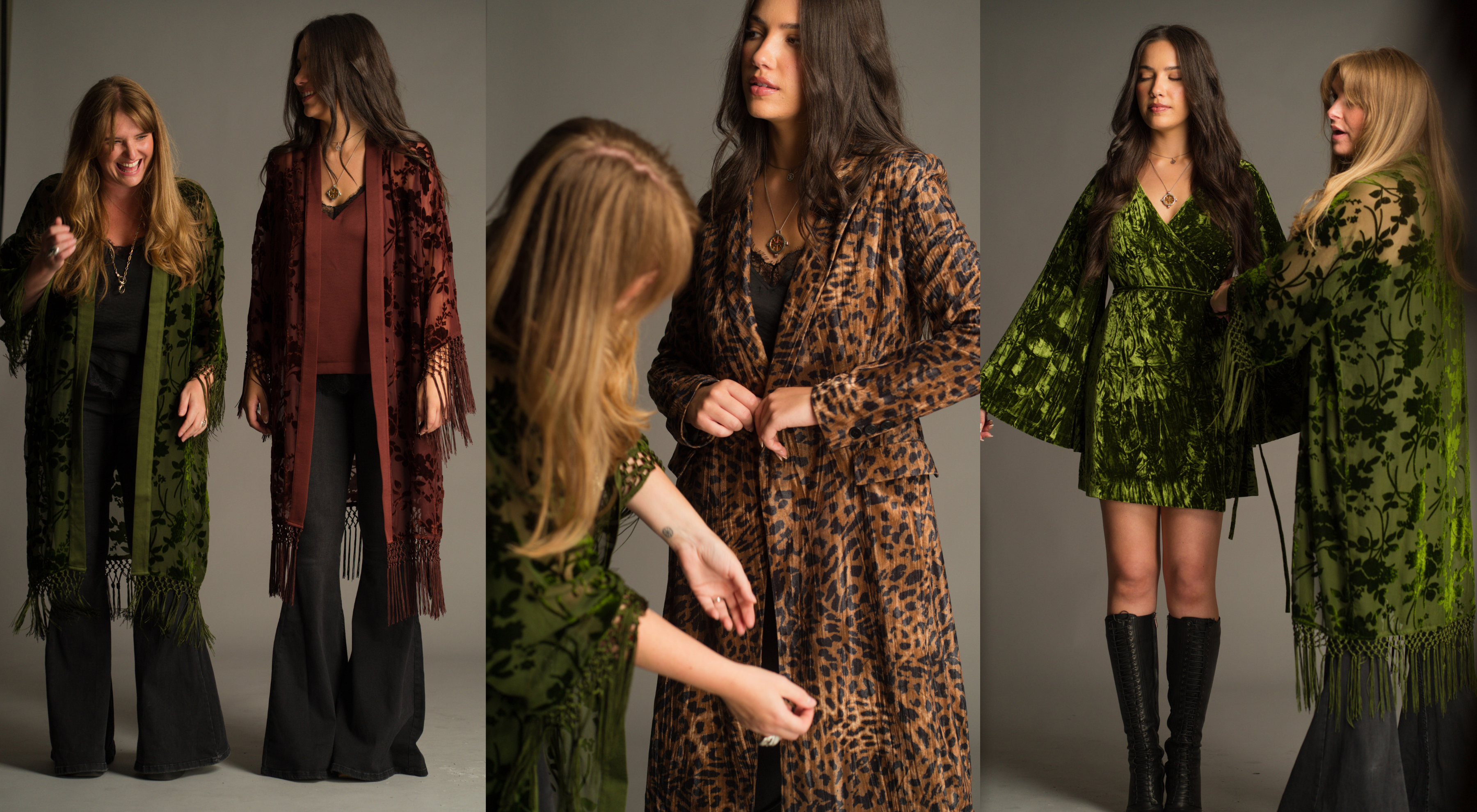 Behind the scenes of the Little Lies autumn campaign featuring the Dakota Olive Devore Kimono, Dakota Rust Devore Kimono, Jagger Leopard Velvet Duster and Jaded Olive Crushed Velvet Wrap Dress