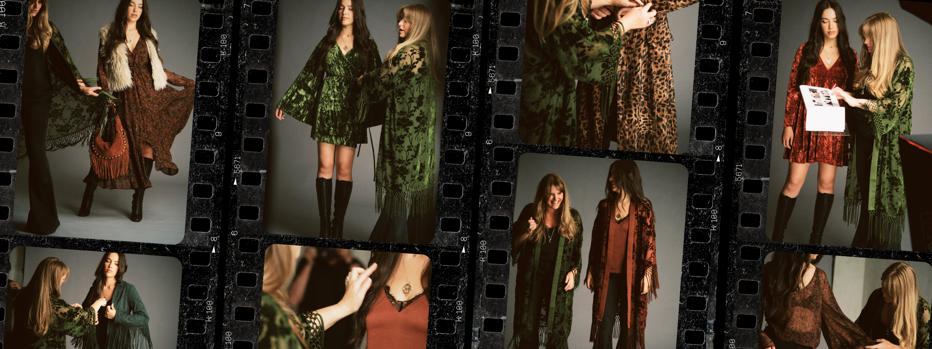 Behind the scenes of the Little Lies autumn campaign featuring the Dakota Olive Devore Kimono, Dark Paradise Paisley Maxi Dress, Jaded Olive Crushed Velvet Wrap Dress, Velvet Goldmine Rust Smock Dress and Nightbird Rust Satin Cami Top