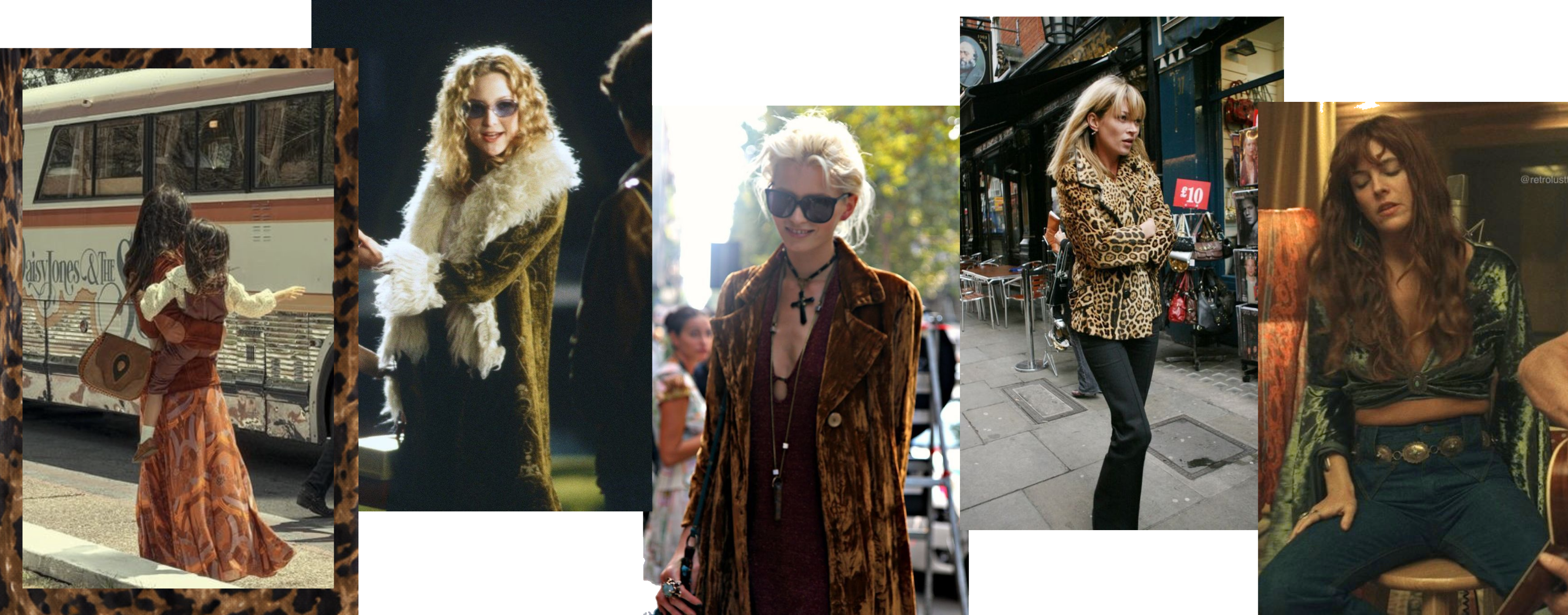 Velvet fashion inspiration mood board featuring vintage bohemian styling, seventies influences, leopard prints and rich textured fabrics for the Little Lies autumn collection