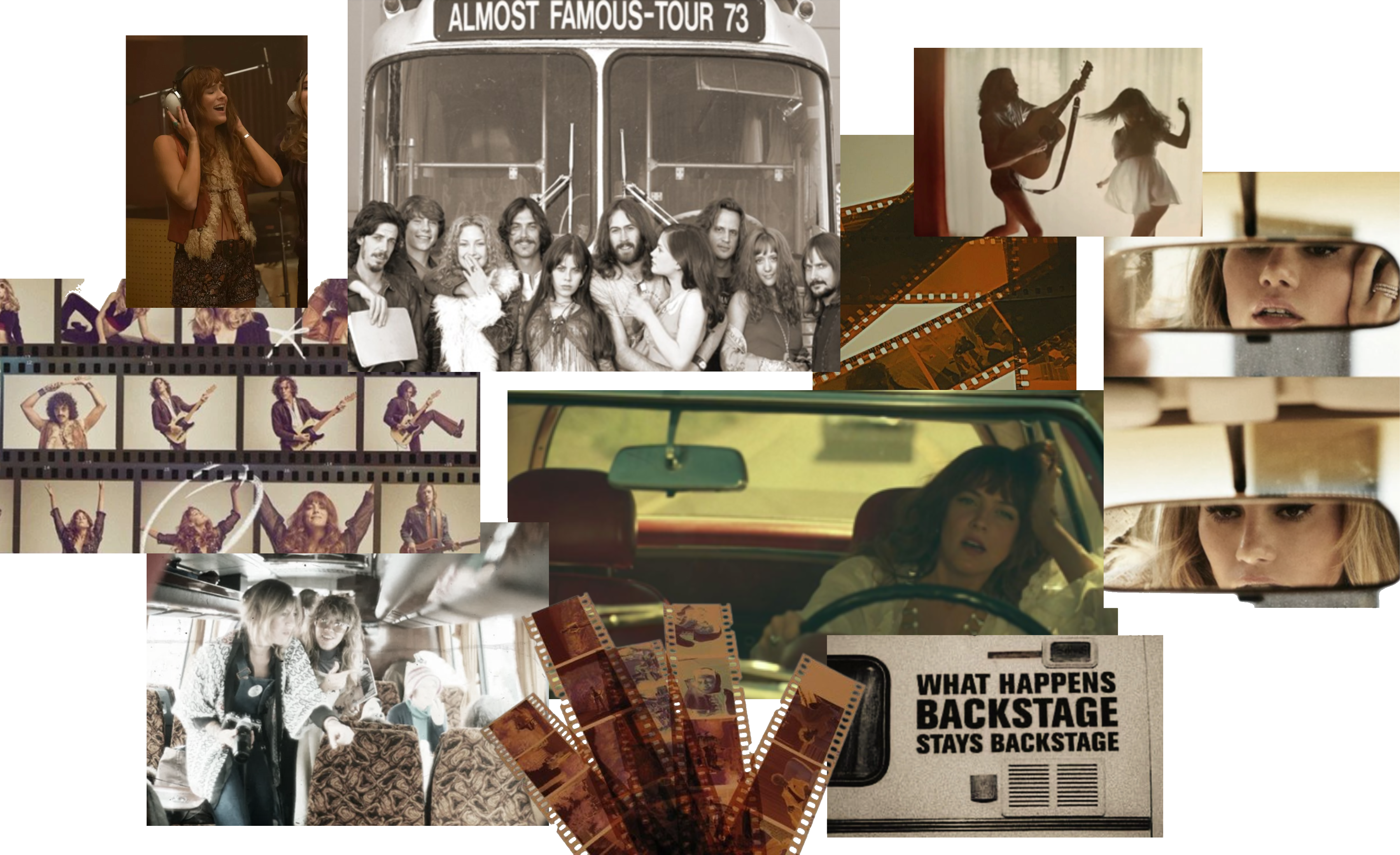 Little Lies autumn inspiration mood board featuring vintage rock-and-roll influences, tour bus lifestyle, film photography, bohemian fashion and seventies-inspired storytelling