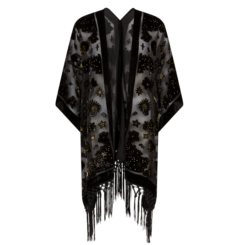 Ghost image of the Suzi Skull Devore kimono with fringe detail. Showing the skull and celestial details  The perfect cross between Boho & Rock n Roll festival style!