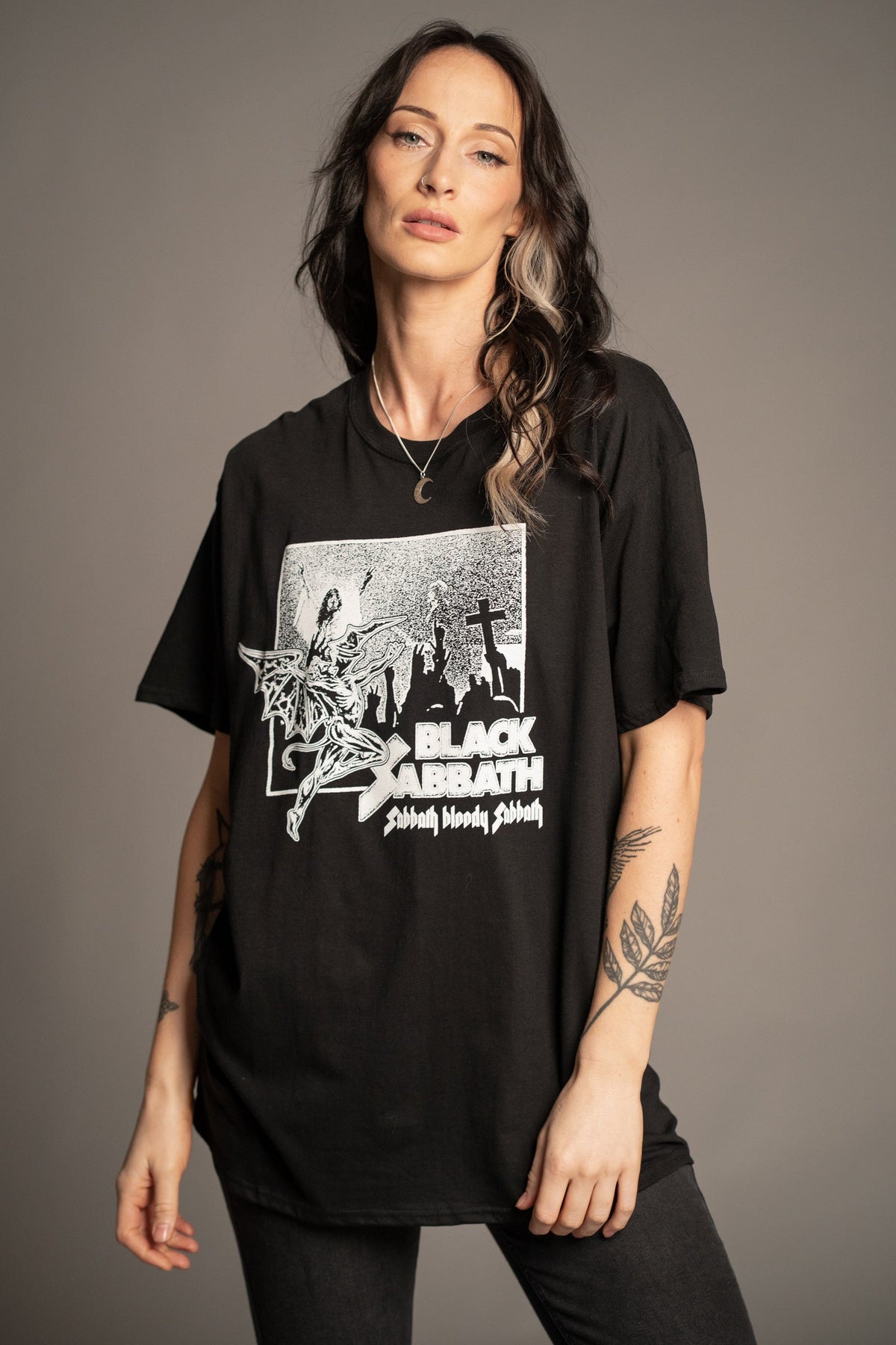 Victoria wearing the Black Sabbath Bloody Sabbath vintage wash band T-shirt, front view