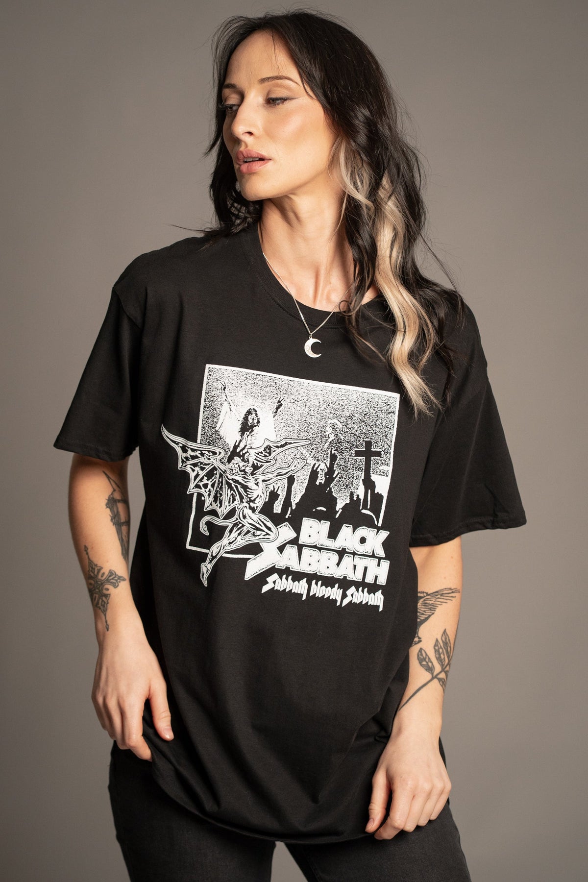 Victoria styling the Black Sabbath Bloody Sabbath vintage wash graphic band T-shirt