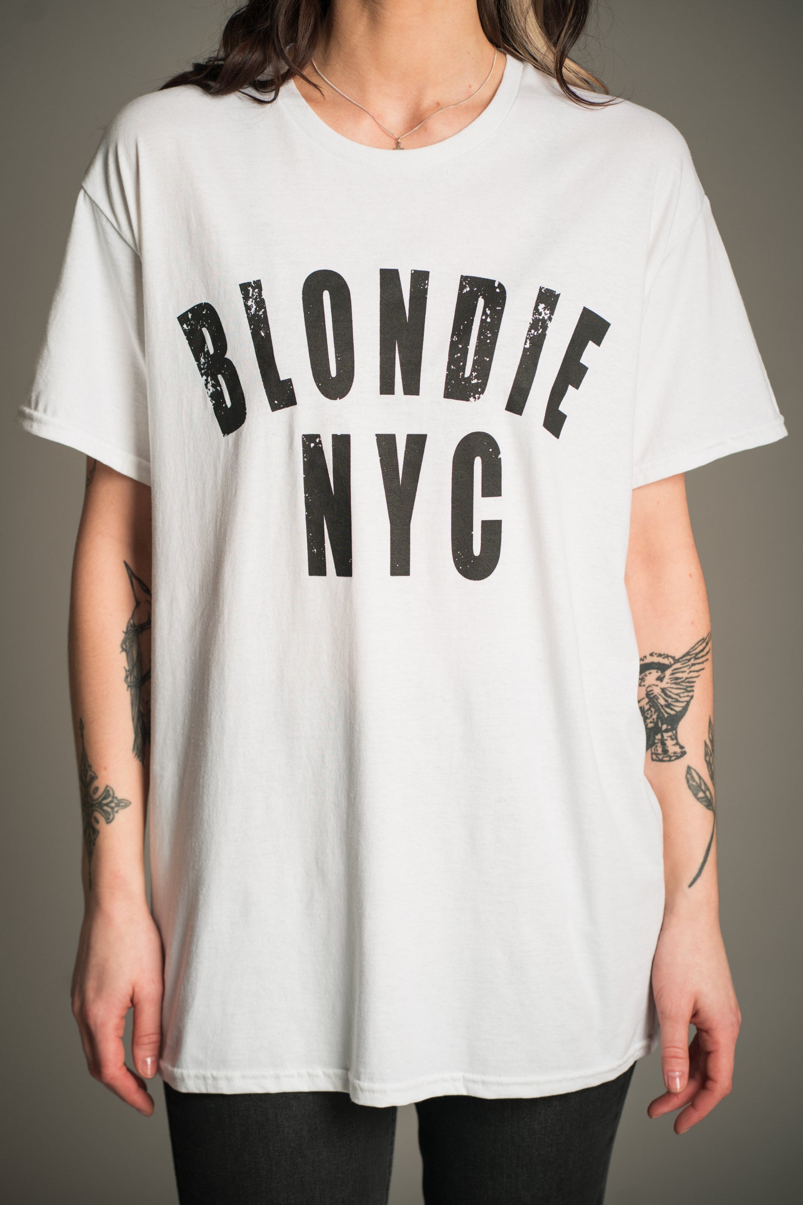 Blondie NYC logo graphic band t-shirt print styled with Hendrix Denim Flares