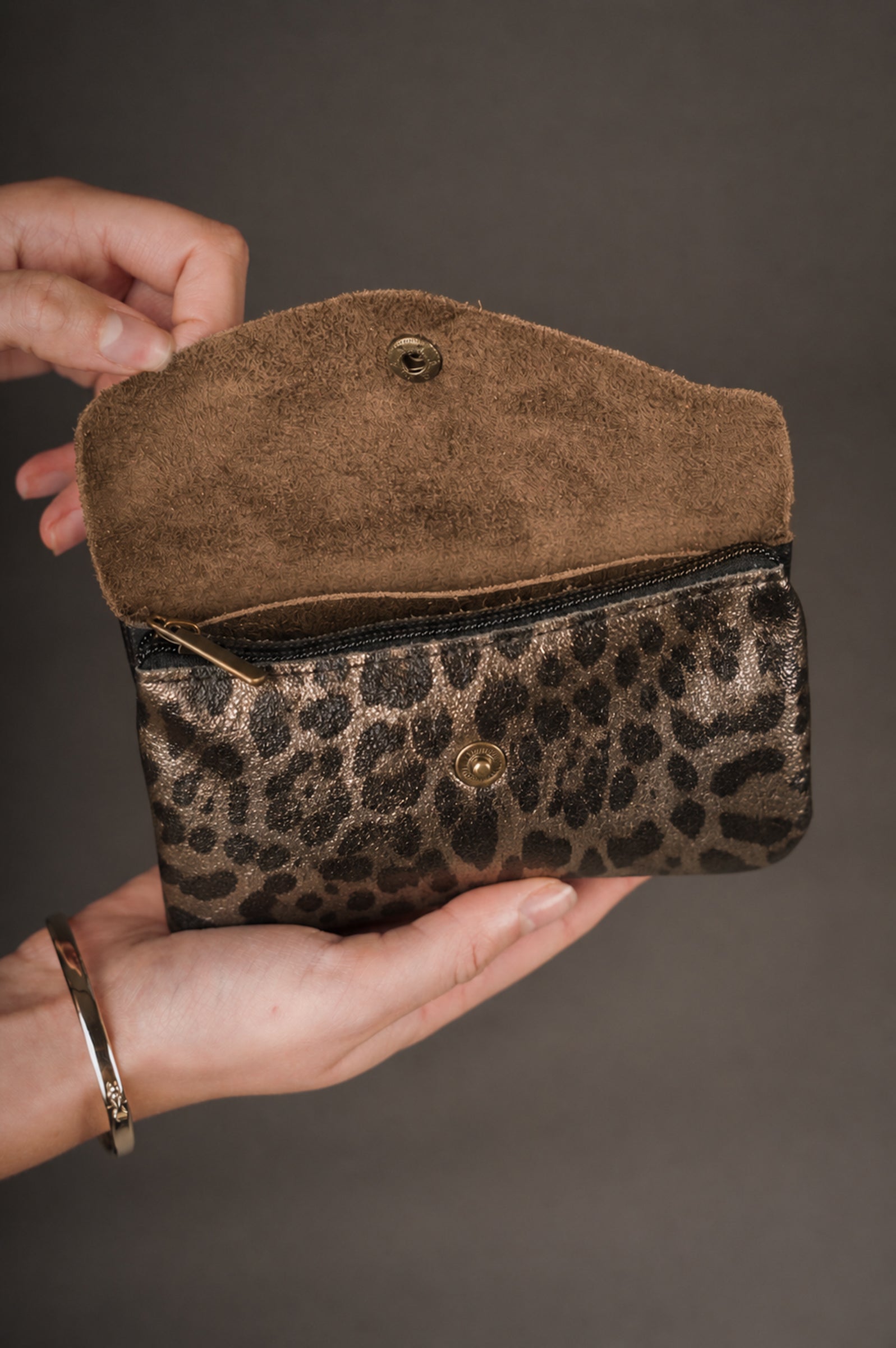 Open bronze metallic leopard genuine suede coin purse