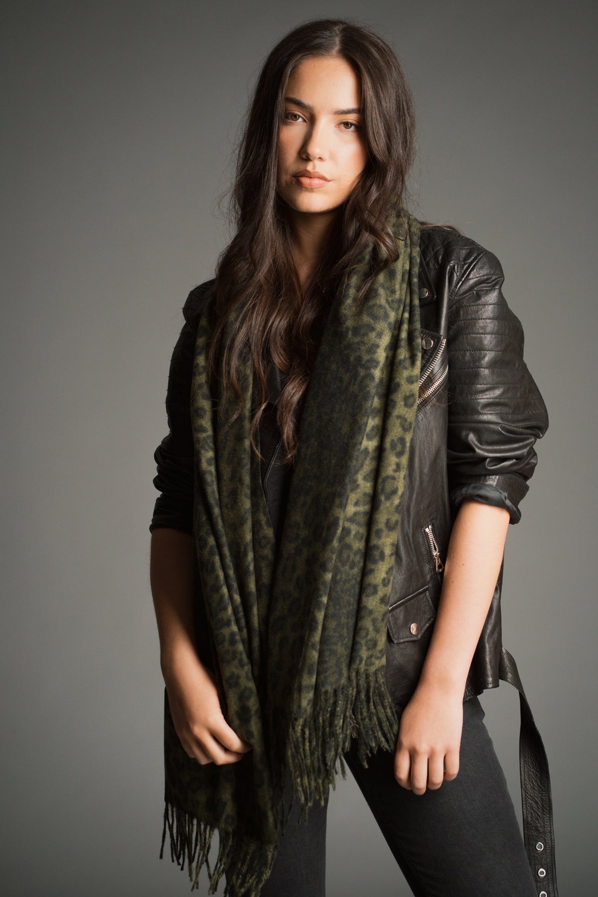 Little Lies khaki leopard blanket scarf featuring an oversized animal print design, lightweight drape and fringed edging