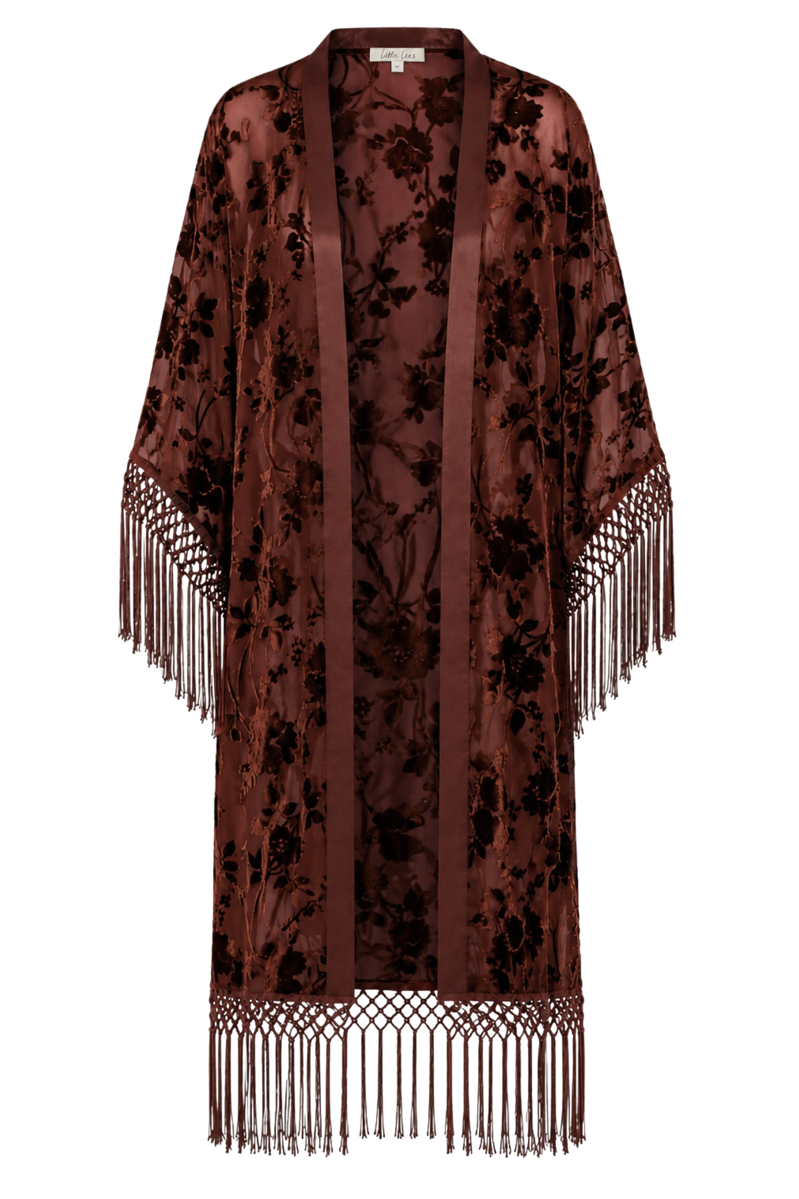 Ghost image of the Dakota Rust Devore Kimono showing longline silhouette and fringe hem.