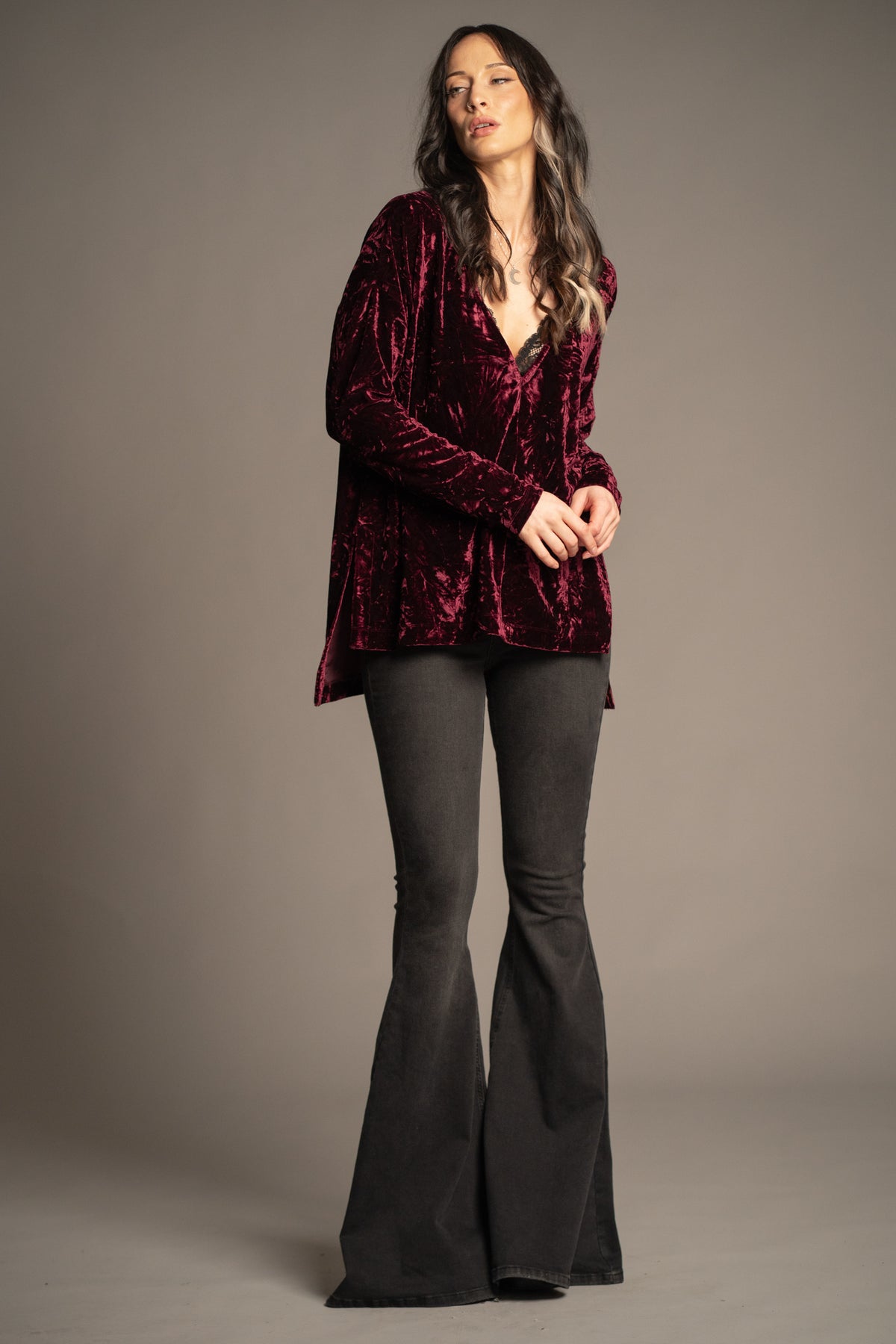 Dylan Merlot crushed velvet tee in rich merlot red with relaxed fit, long sleeves and deep V-neck front