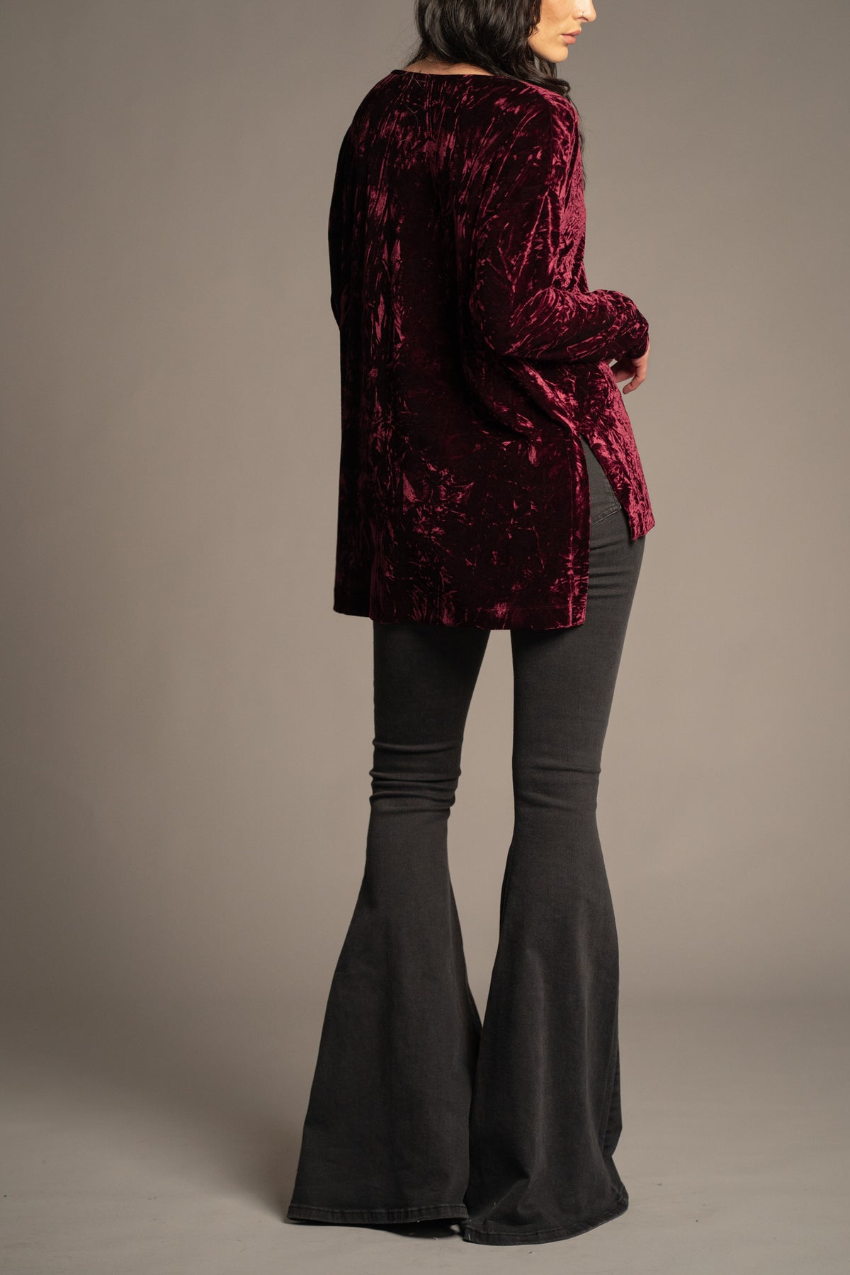 Back view of Dylan Merlot crushed velvet tee with relaxed oversized fit, long sleeves and luxurious crushed velvet finish