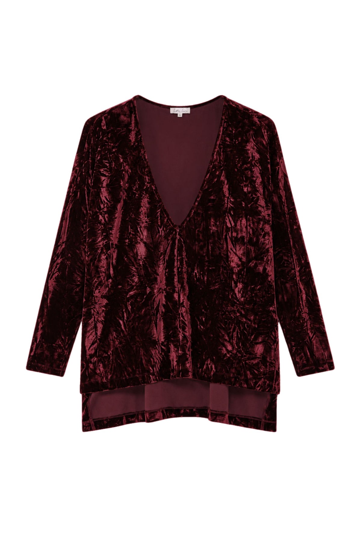 Ghost image of Dylan Merlot crushed velvet tee in rich merlot red featuring a deep V-neck, long sleeves and relaxed fit