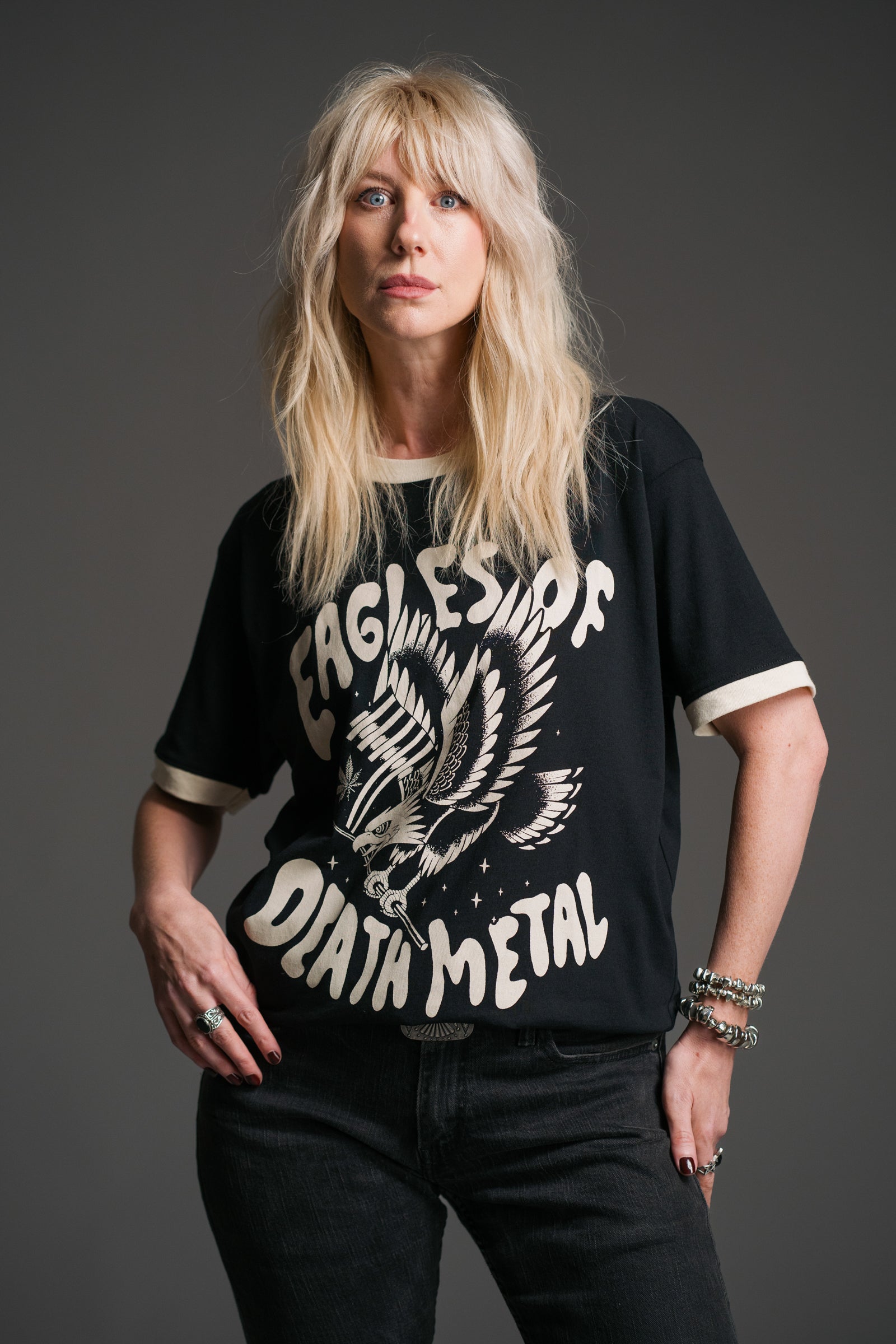 Eagles of Death Metal Ringer Band Tee featuring a vintage-inspired graphic print, contrast trim neckline and relaxed oversized fit