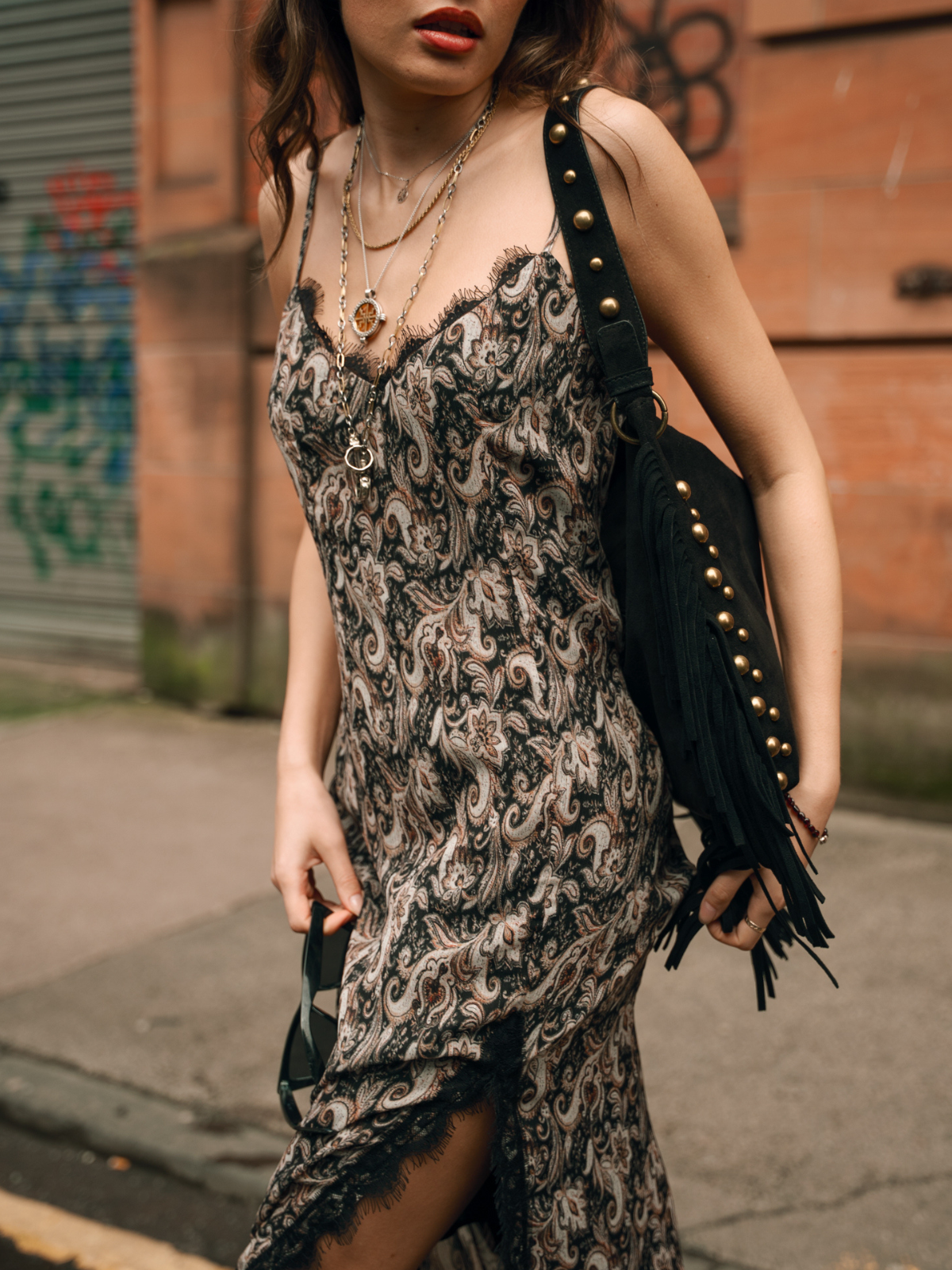 Little Lies Eleanor Paisley Slip Midi Dress with lace trim detail, Glasgow street style.