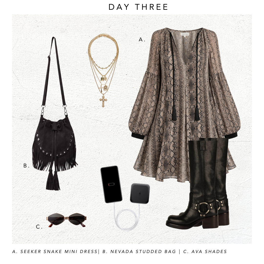 Day 3 festival outfit inspo. Featuring Seeker Snake Mini Dress, Nevada Studded Bag and 90s style shades.