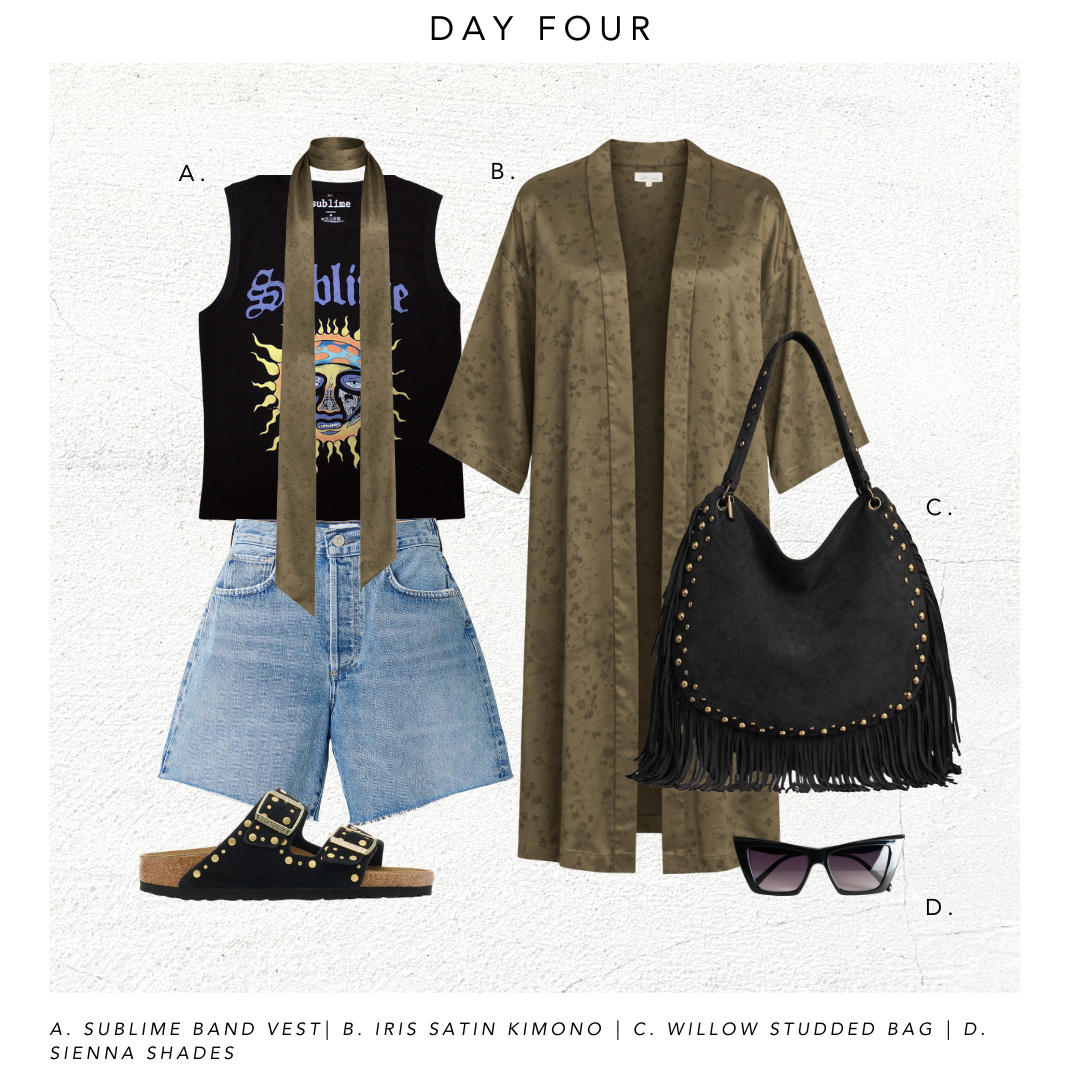 Day 4 festival outfit inspo. Featuring Sublime Band Vest, Iris Satin Kimono, Willow Studded Bag and Sienna Shades. 