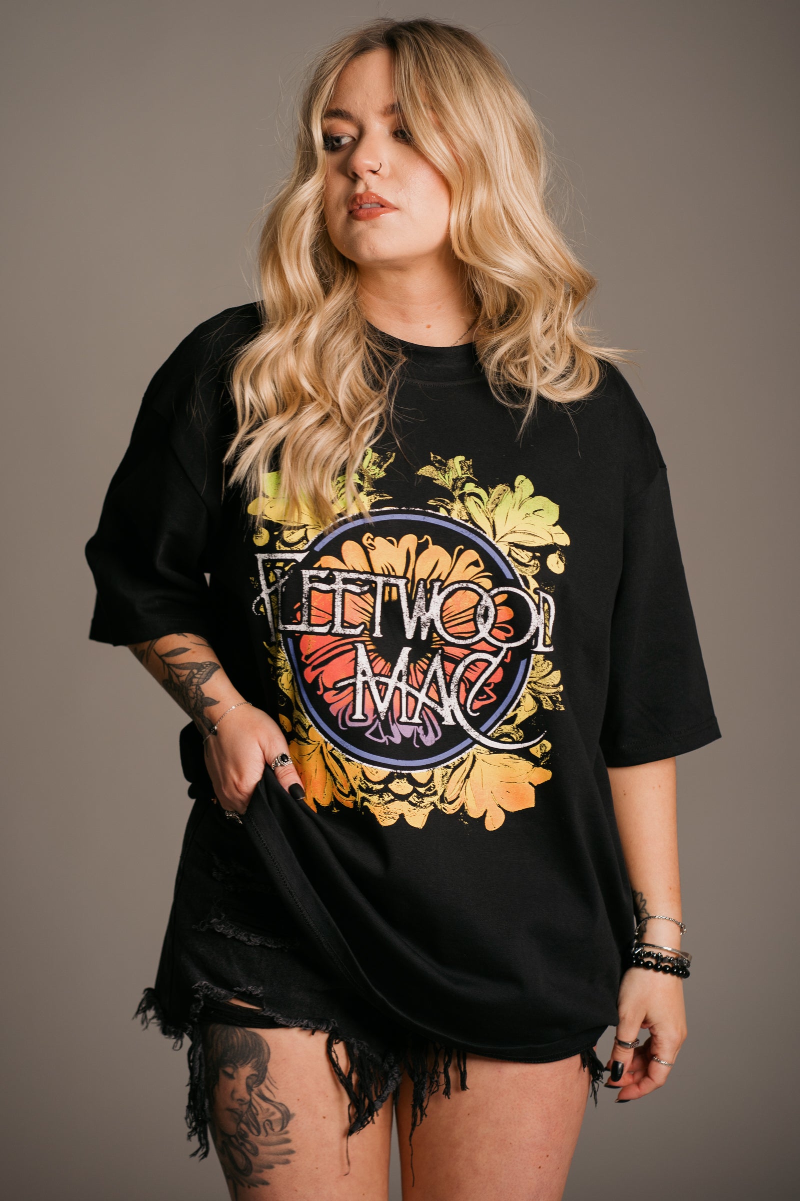 Full length Fleetwood Mac Floral Oversize Band Tee in relaxed oversized fit from Little Lies