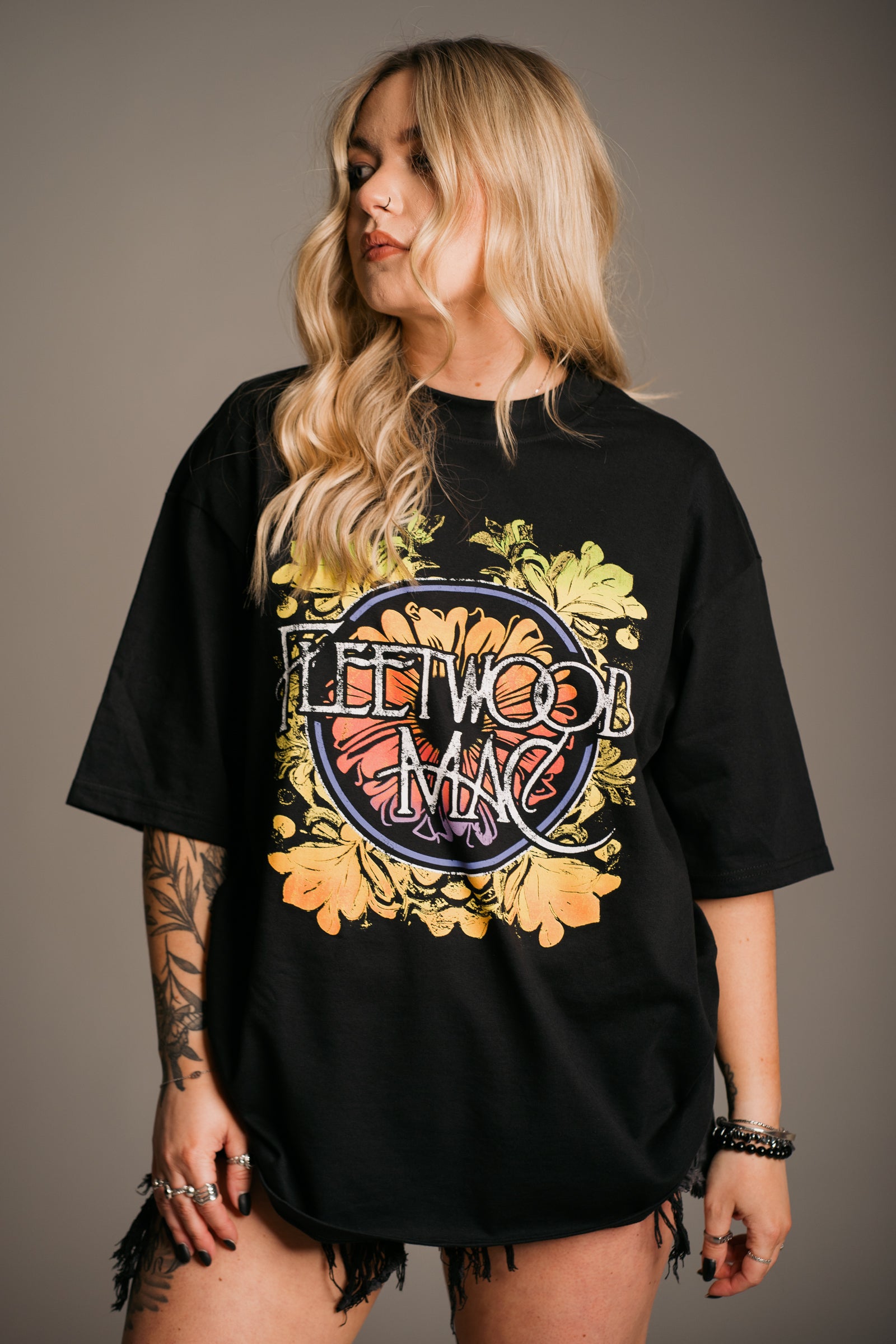 Fleetwood Mac Floral Oversize Band Tee featuring licensed floral graphic artwork, an oversized fit and vintage-inspired rock styling