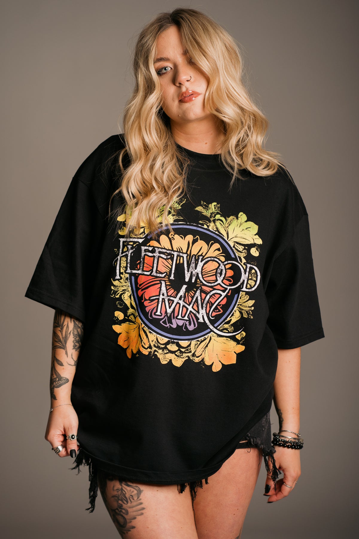 Side view of Fleetwood Mac Floral Oversize Band T-Shirt showing oversized fit
