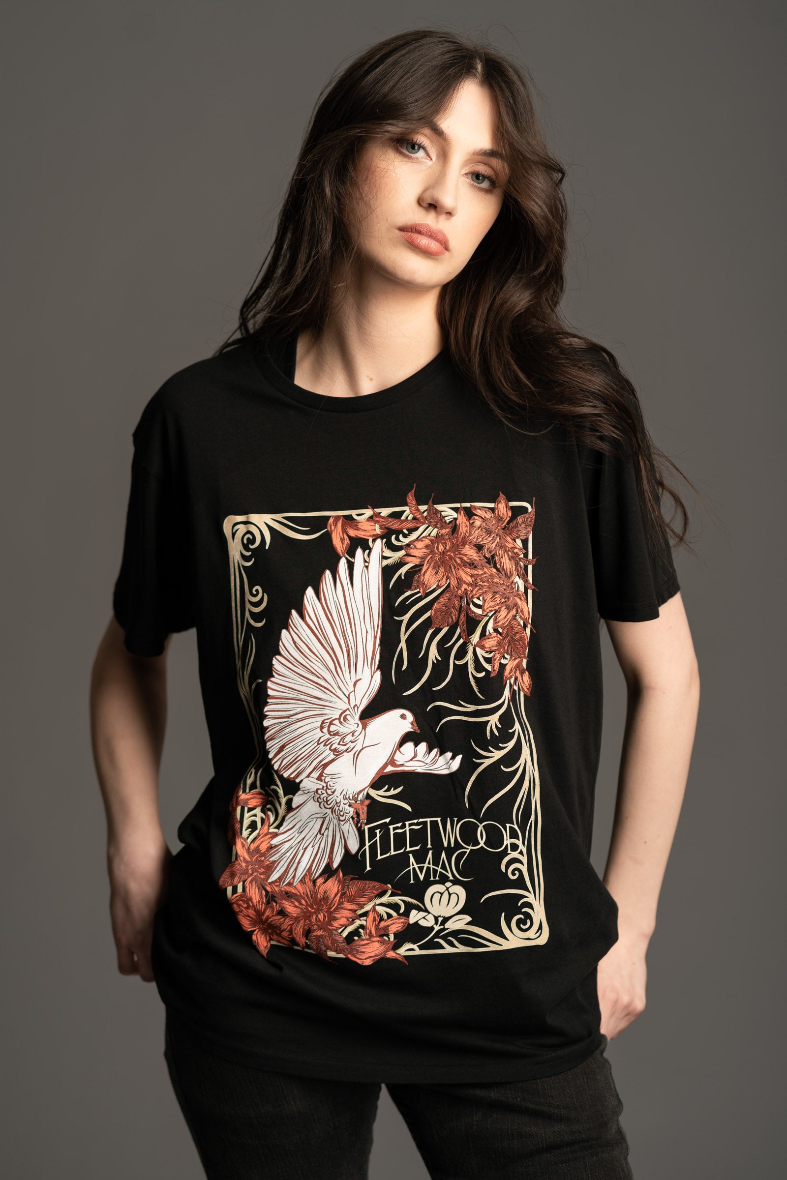 Fleetwood Mac Dove Band Tee front model view styled with Hendrix flares from Little Lies