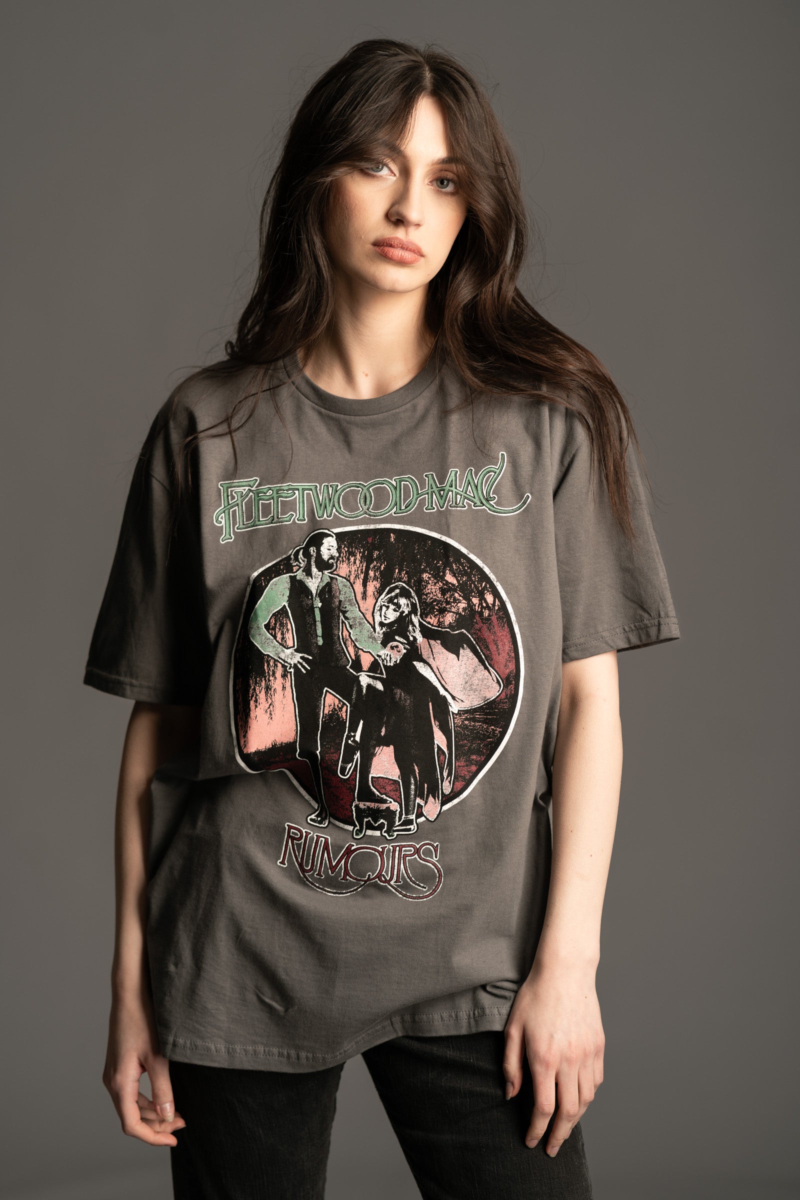 Close-up of vintage Rumours album artwork graphic on black Fleetwood Mac band tee from Little Lies